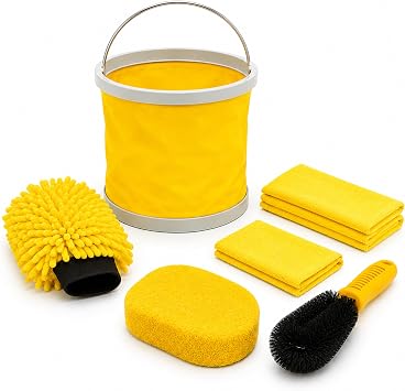 Car Cleaning Kit   Car Washing Kit Includes Bristle Brush, Large Sponge, Drying Mitt, Collapsible Bucket & 3 Microfibre Cloths   For Car, Van, SUV   Durable & Professional Quality