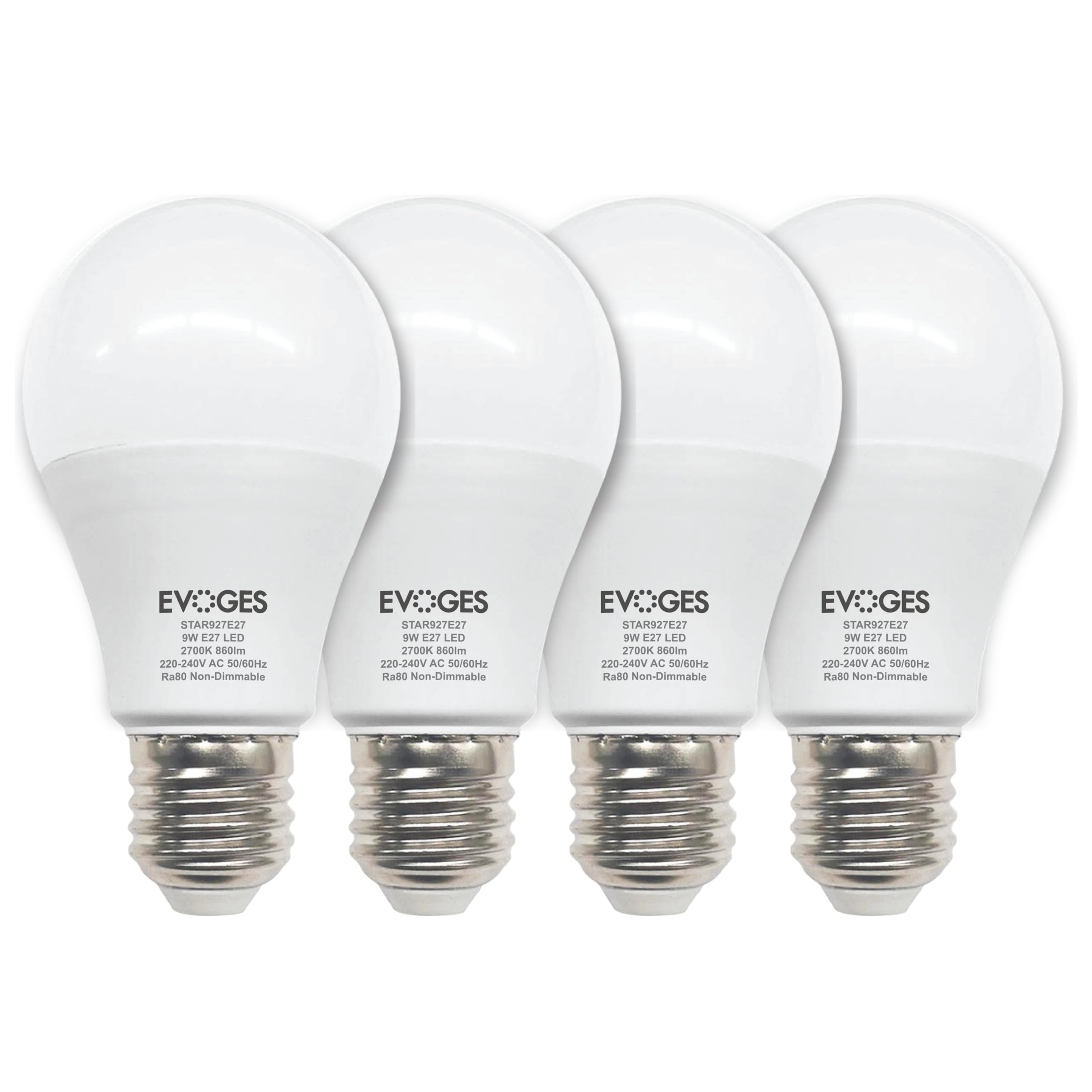 EVOGES 9W LED A60 Light Bulb E27 Edison Screw, 2700K Very Warm White, 860 Lumens, 25,000 Hours, Non-Dimmable, Pack of 4