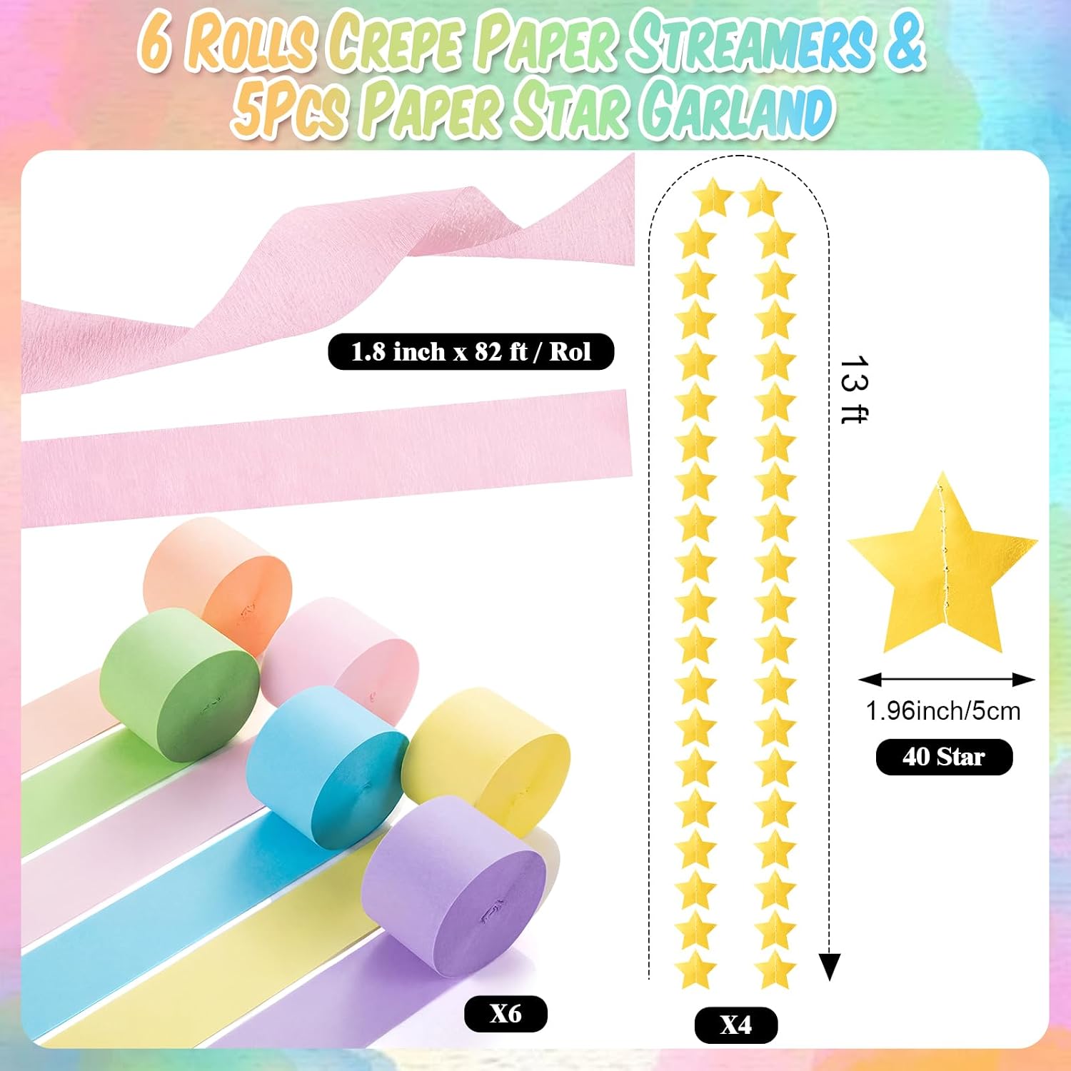 TaoBary Pastels Decorations, 6 Roll Crepe Streamers 600 Paper Chain Garland Strips 4 Star Hanging 2 Felt Pennant Flag 2 Paper Fans Garland 6 Four Leaf Clover Streamers for Birthday Party