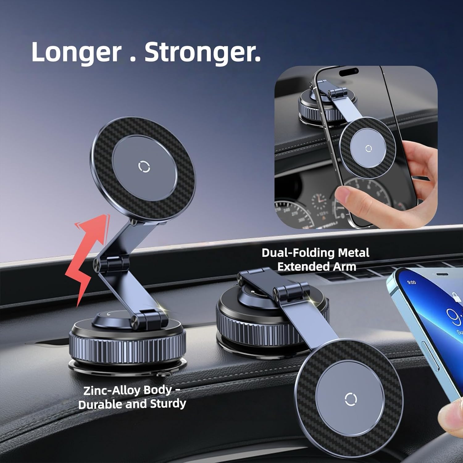 Magnetic Car Phone Holder with Suction Cup 360° Adjustable Foldable Phone Mount Zinc-Alloy Phone Holders for Your Car for Tesla iPhone 17 Pro Max 16 15 14 13 12 Plus