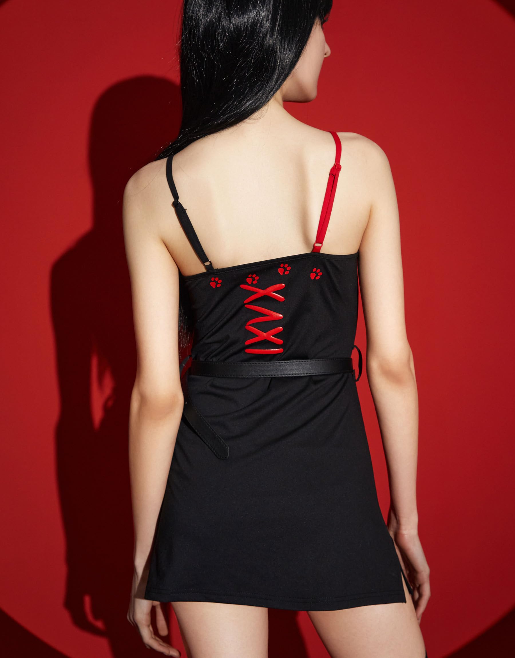 Emily the Strange Women's Bodycon Dress,Black Casual Cocktail Dress,Suspender Dress, Belt + Leg Socks