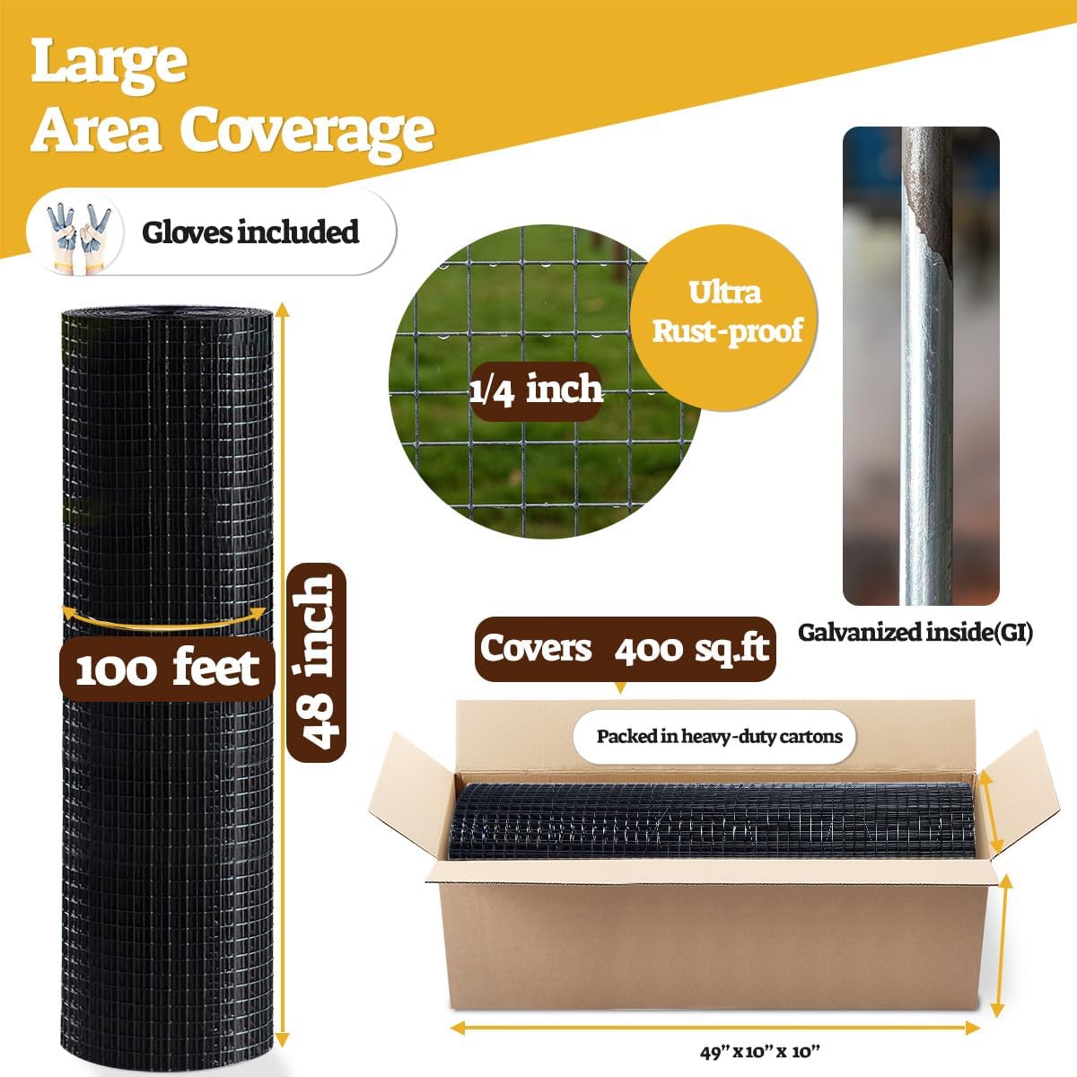 HORCH Black Hardware Cloth 1/4 inch 48x100 23-Gauge, Vinyl Coated Wire Mesh Roll, Chicken Wire Mesh, Tree Guard, Gopher Wire, Rodent Mesh, Chicken Wire Fencing, Garden Fence