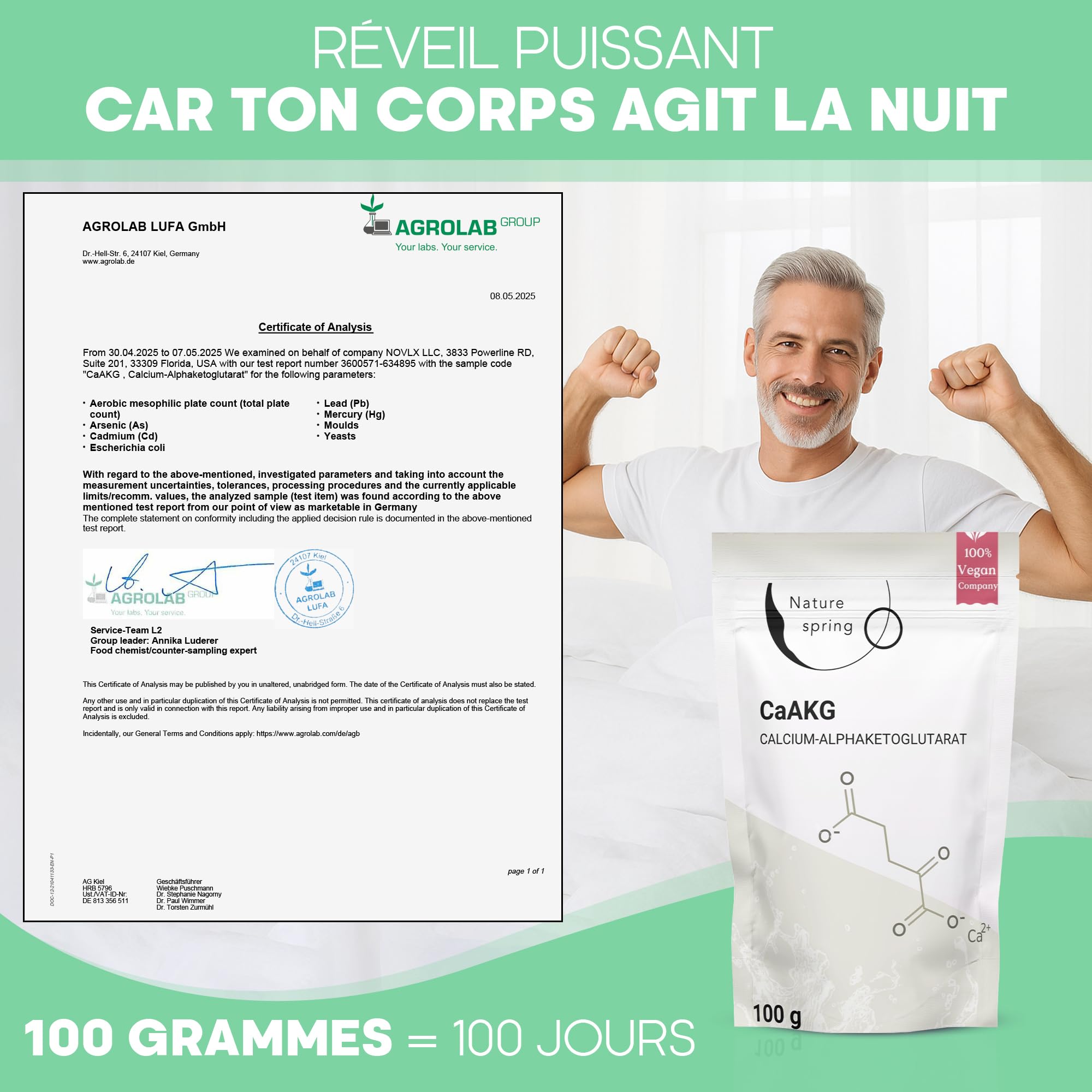 CaAKG Poudre hautement dosée | Pack d'approvisionnement (100 grammes) +3,3 mois | Calcium-Alphacétoglutarate végétalien premium | 1000 mg de CaAKG par portion | Testé en laboratoire en Allemagne