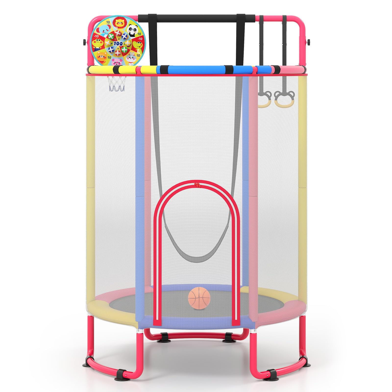 COSTWAY 6 in 1 Trampolino Bambini Interno ed Esterno | Tappetino Elastico con Altalena, Bersaglio, Barra e Anelli da Ginnastica, Canestro da Basket e Rete di Sicurezza, 3+ Anni
