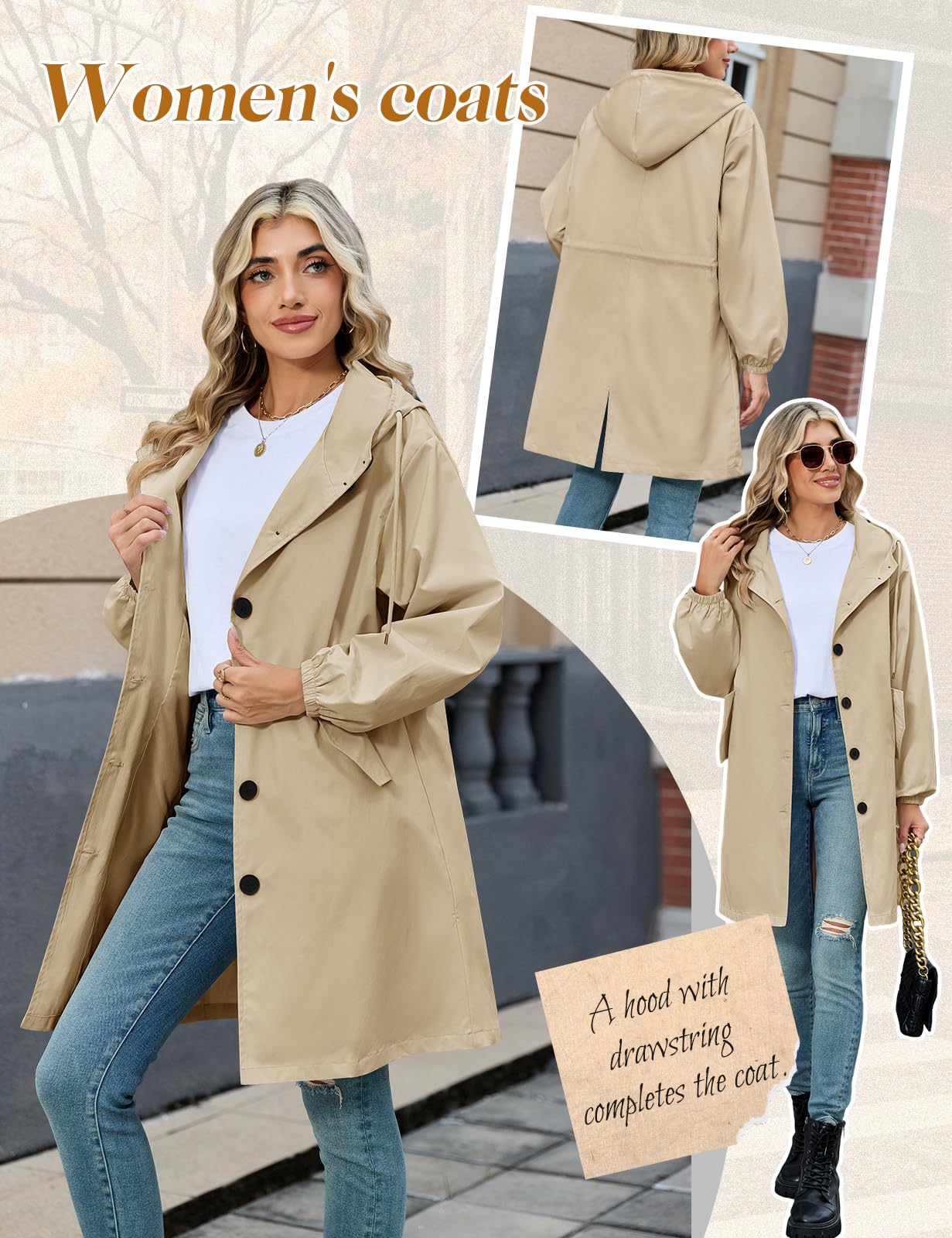 Vancavoo Gabardinas de Mujer Abrigo Largo Trench Coat Cortavientos Primavera Casual Chaqueta con Capucha