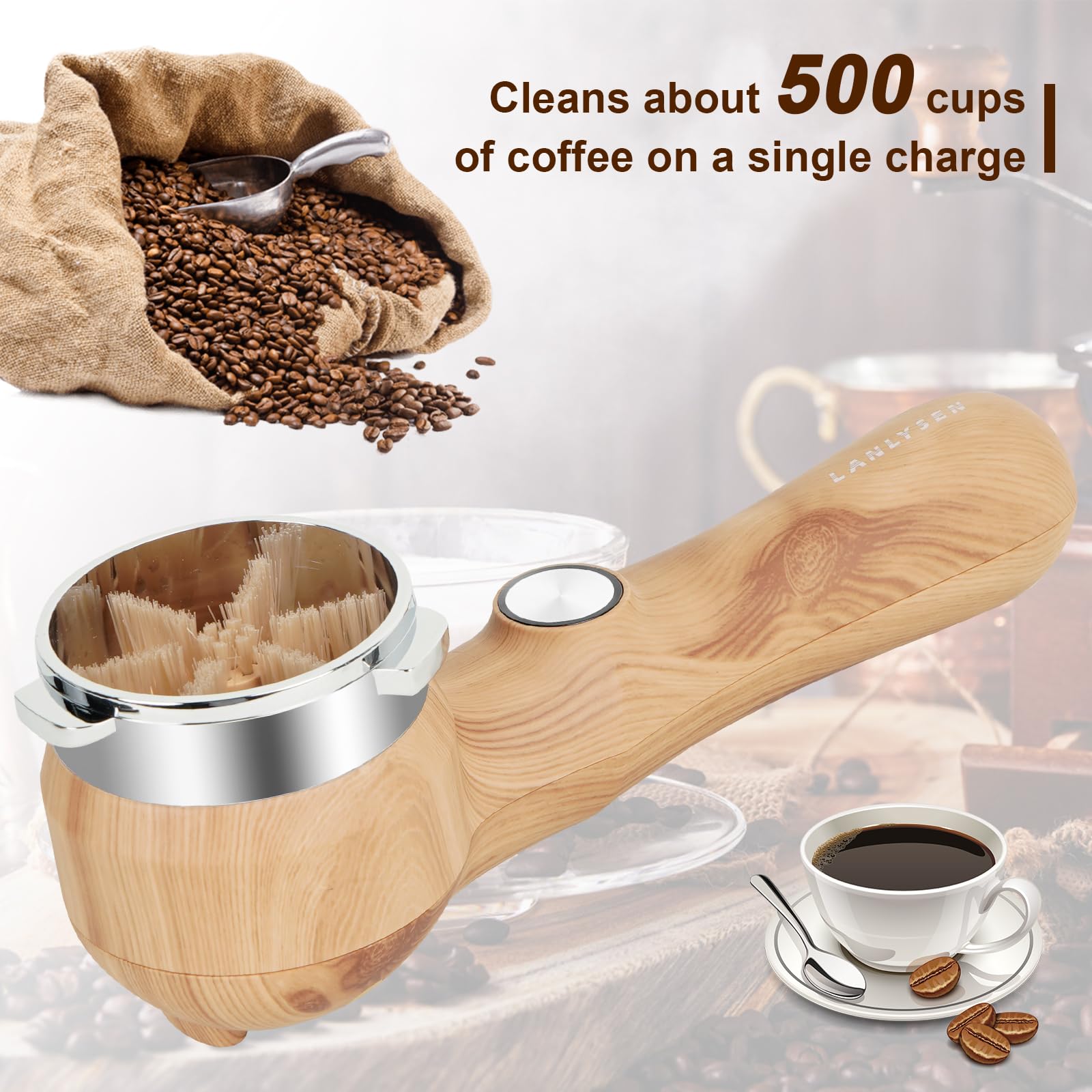 Cepillo de limpieza para máquina de café espresso, color grano de madera, cepillo de limpieza eléctrico, limpieza de 360°, limpieza totalmente cerrada, máquina espresso, cerdas de limpieza eléctrica