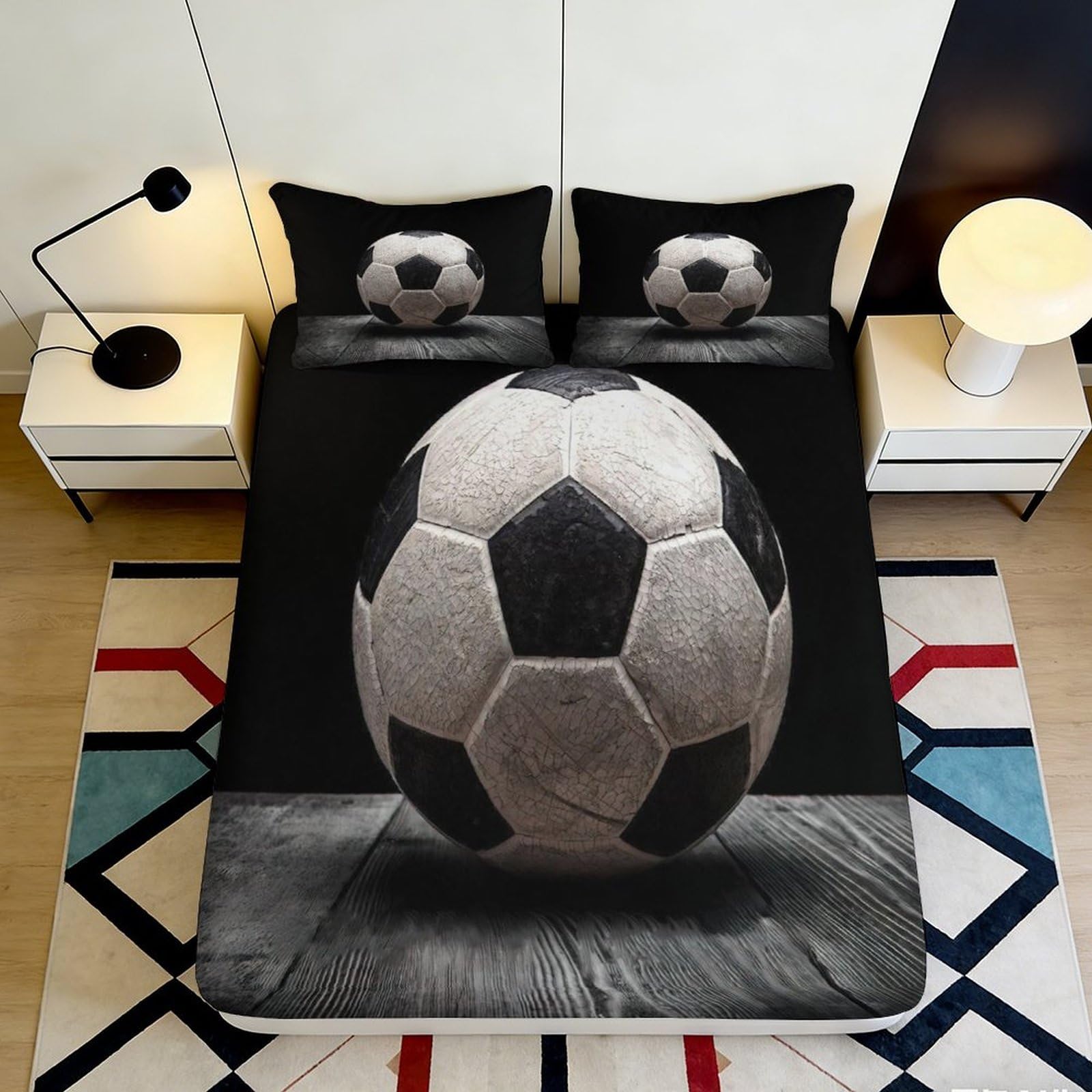 Pnayamiorkfel Style-2 3D Printed Soccer Ball Fitted Sheet Microfiber Soft Black White Football Bed Cover For Bedroom Guest Room Decor 90X200x25cm