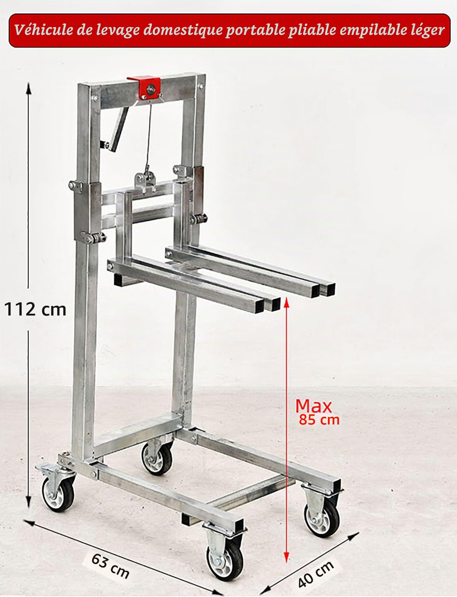 Gerbeur manuel pliable - Chariot élévateur en acier galvanisé for garage et entrepôt, capacité de 60 kg, chariot élévateur à manivelle robuste