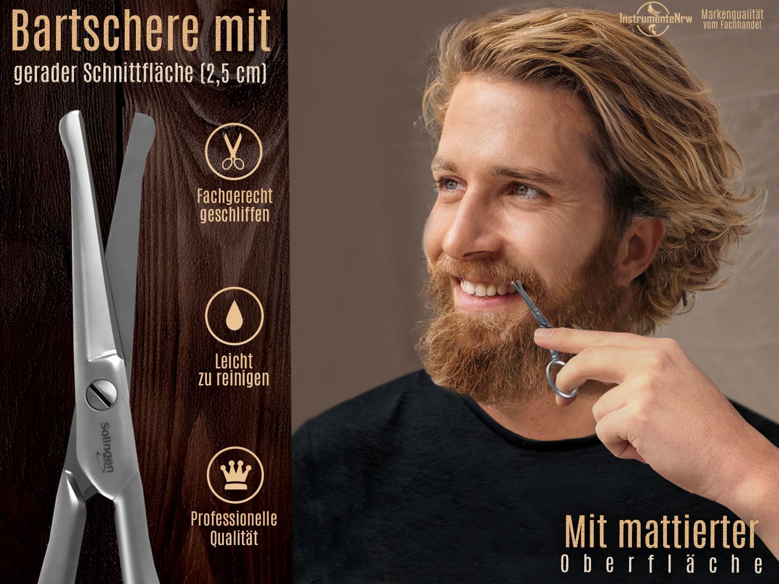 Bartschere Solingen Haarschere Bartpflege Schere mit einseitiger Mikroverzahnung Made in Germany Schnurrbartschere Edelstahl Rostfrei zum Kürzen von Barthaaren, Ohrhaaren und Nasenhaaren (3,5 Zoll)