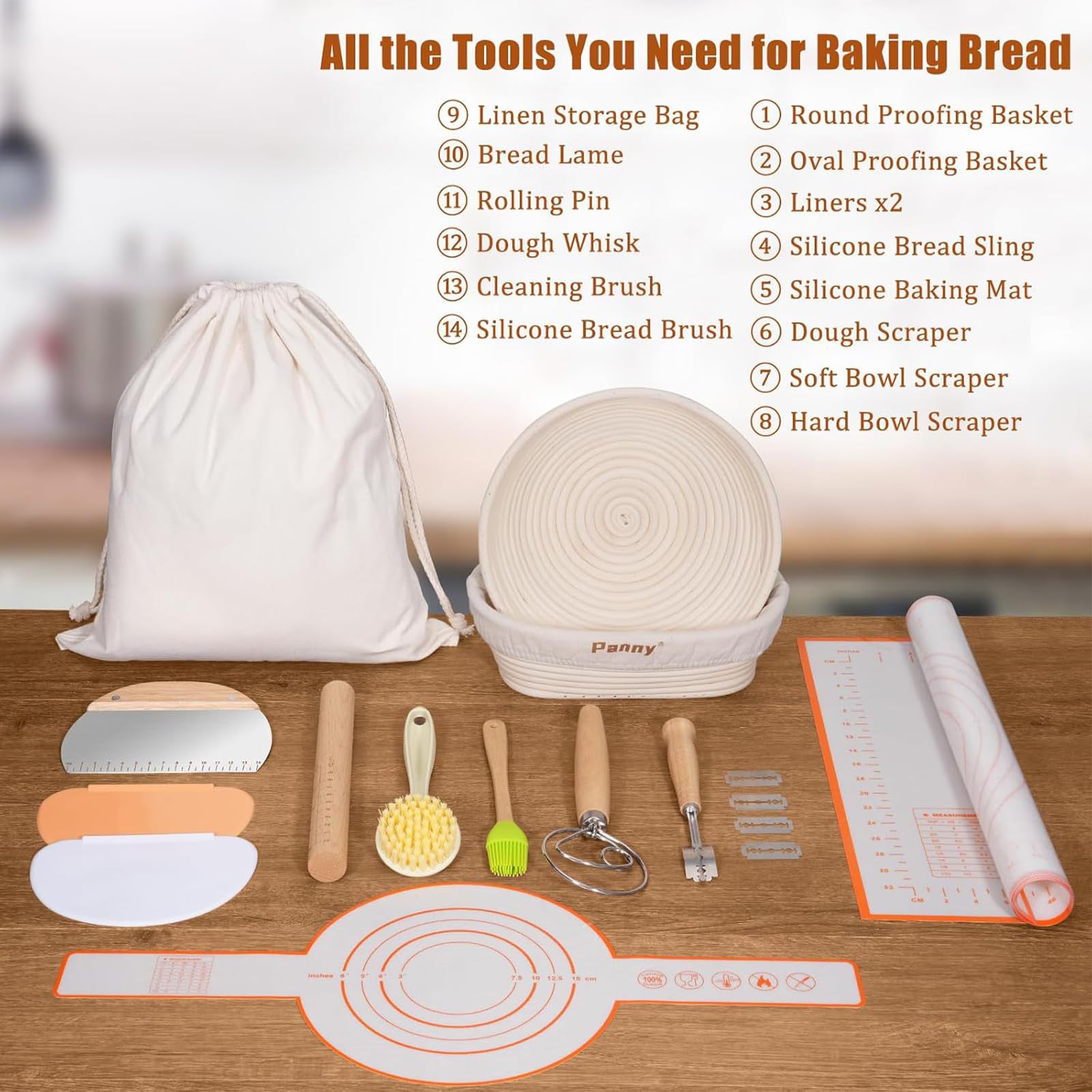 SYFUNLV Kit Boulanger 13 Pièces,Panier Rond en Rotin,Paniers à Pain en Rotin Naturel Faits Main,Panier de Fermentation pour Pain Maison,pour Pain et Levain