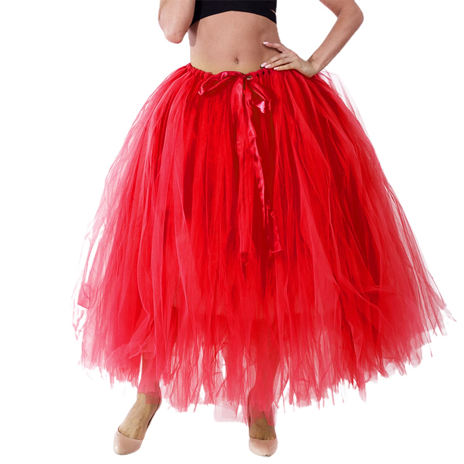 Falda larga tutú de cintura alta con capas de tul maxi faldas hinchadas hasta el suelo, boda, fiesta, con cinturón Bowknot, rosso, Talla única