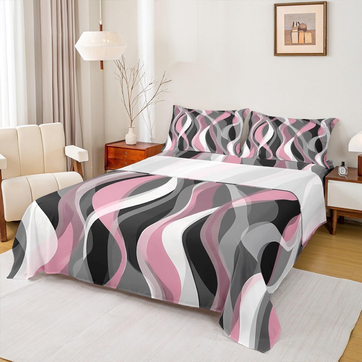 Feelyou Pink Grey Black Stripes Sheet Set King Size Kids Geometric Sheets with Deep Pocket Fitted Sheet for Boys Teens Geometric Bed Sheets Set Breathable Modern Striped Art Abstract Art Room Decor