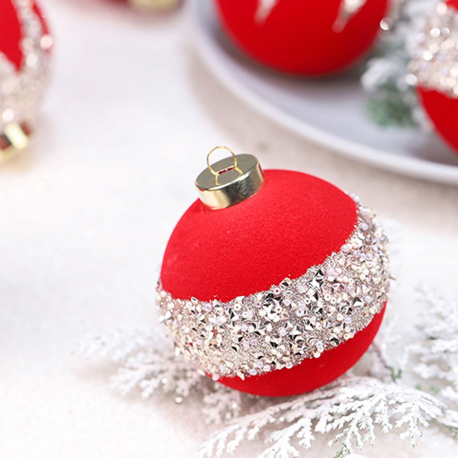 Set di 12 sfere di Natale floccate ornamentali morbide sfere natalizie da 8 cm per vacanze eleganti