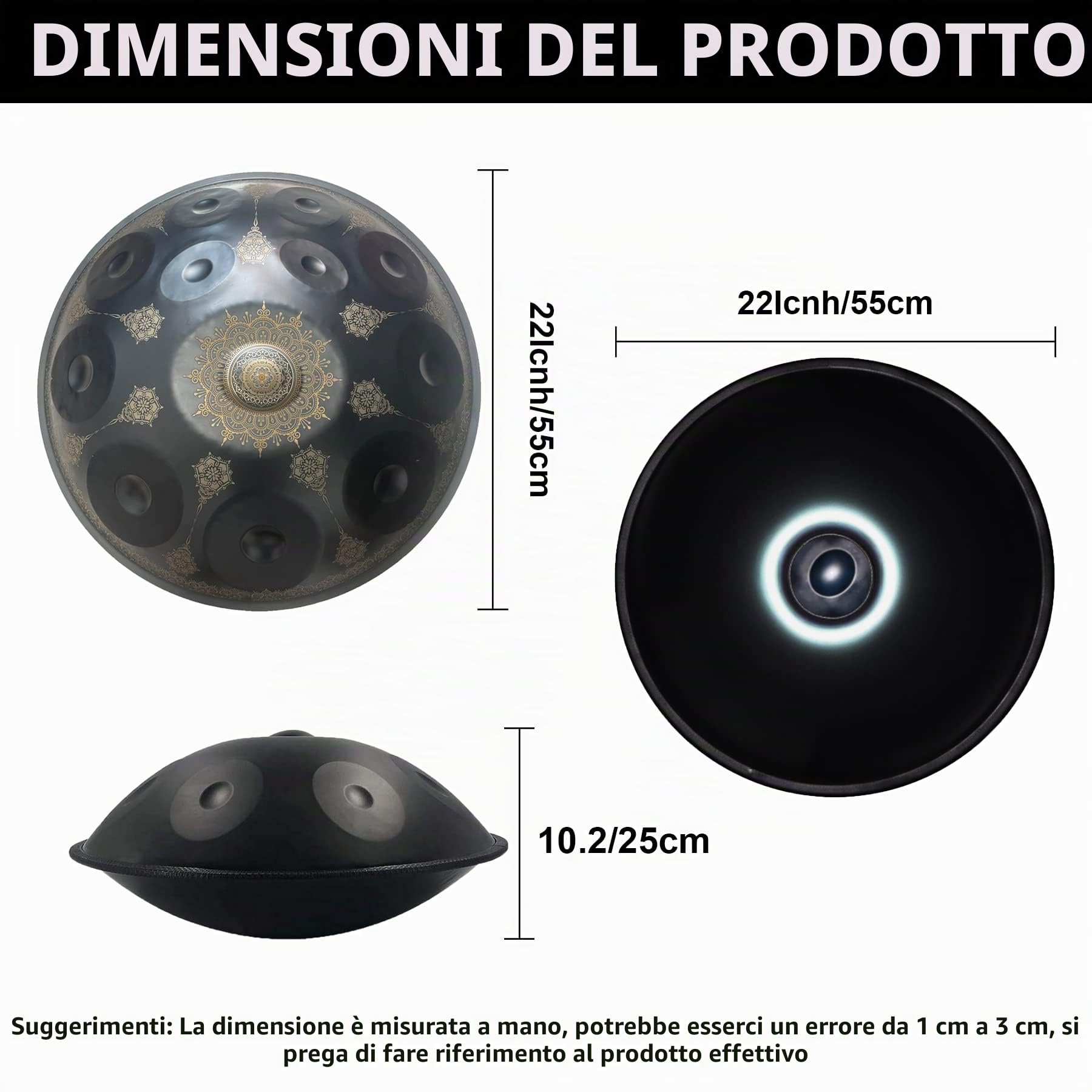 12 note Handpan da 22 pollici, re minore 432 Hz strumento a percussione tamburo d'acciaio, performance musicale mandala strumento musicale curativo fatto a mano regalo nero