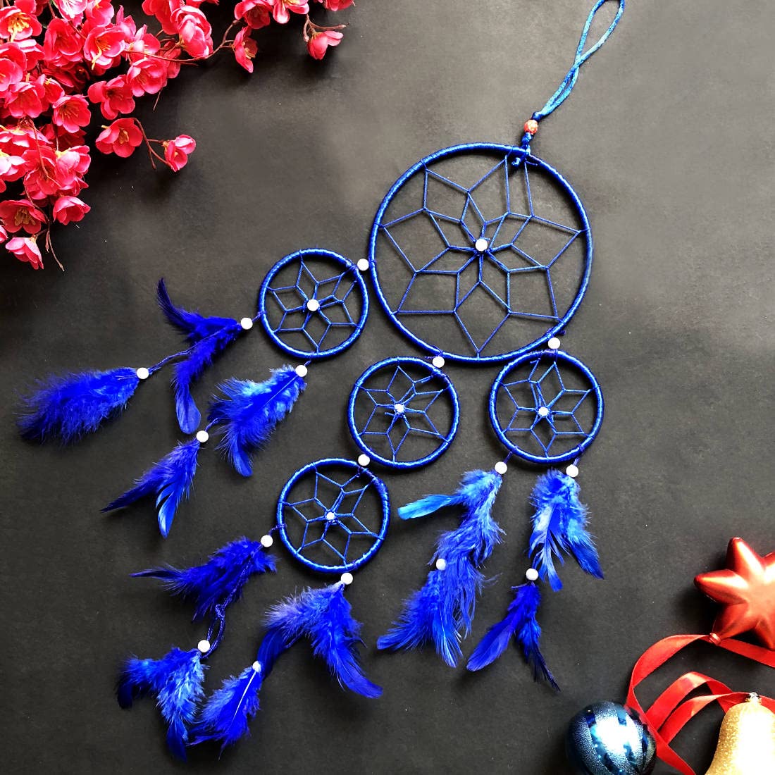 VASTU ART - Vastu Feng Shui Five (5) Ring Blue Dream Catcher Feather Dream Catcher Wall Decor Wall Hanging for Good Dreams and Positive Energy Decoration Showpiece-image-17