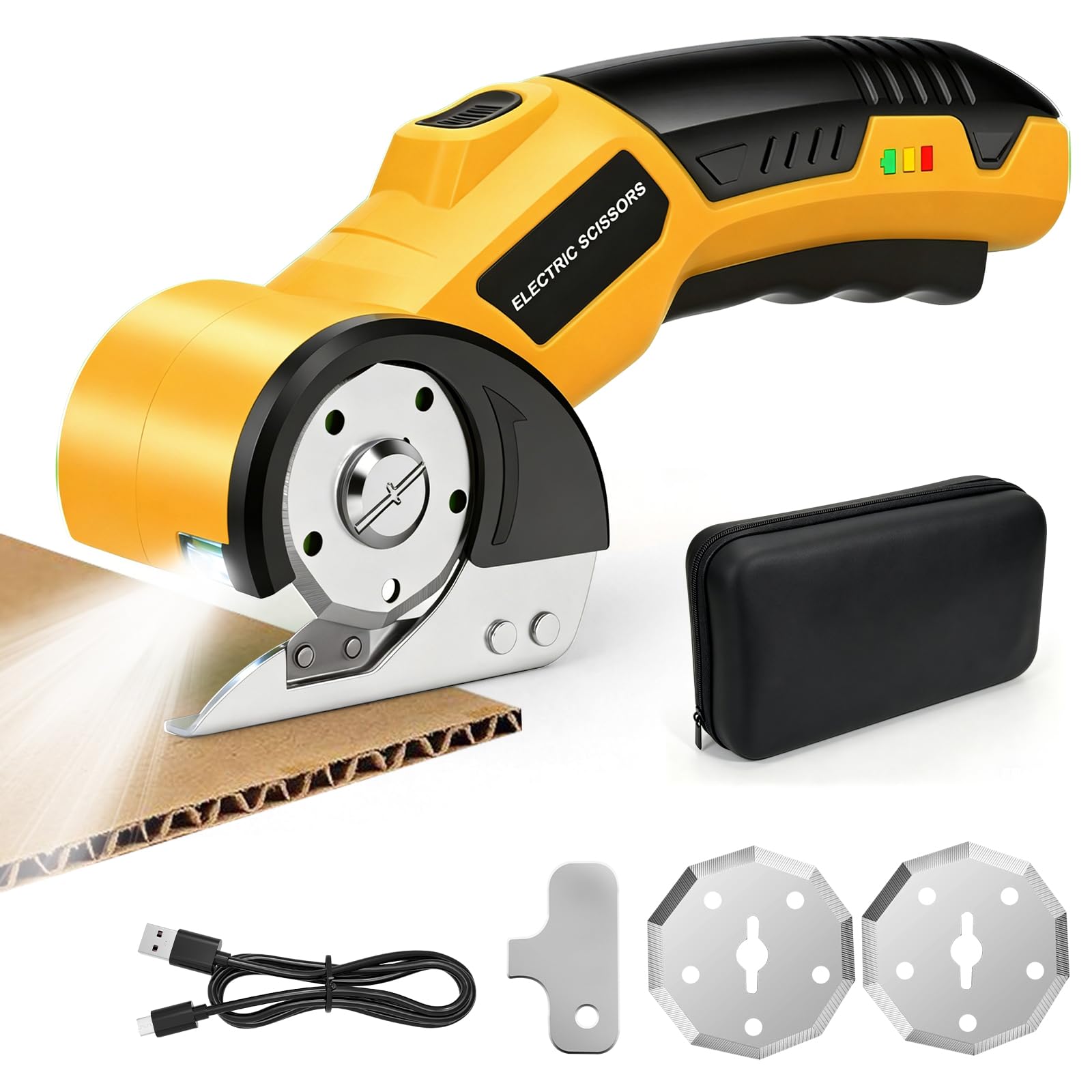 Cordless Electric Scissors 4.2V with Safety Lock, LED Light and Replacement Blades, Rechargeable for Cutting Fabric, Leather, Carpet, Cardboard and Plastic