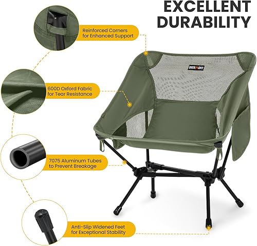 Miniatura 7 de Overmont Silla de camping portátil ultraligera, silla plegable ligera, soporta hasta 330 libras, silla de playa compacta para adultos con bolsa de
