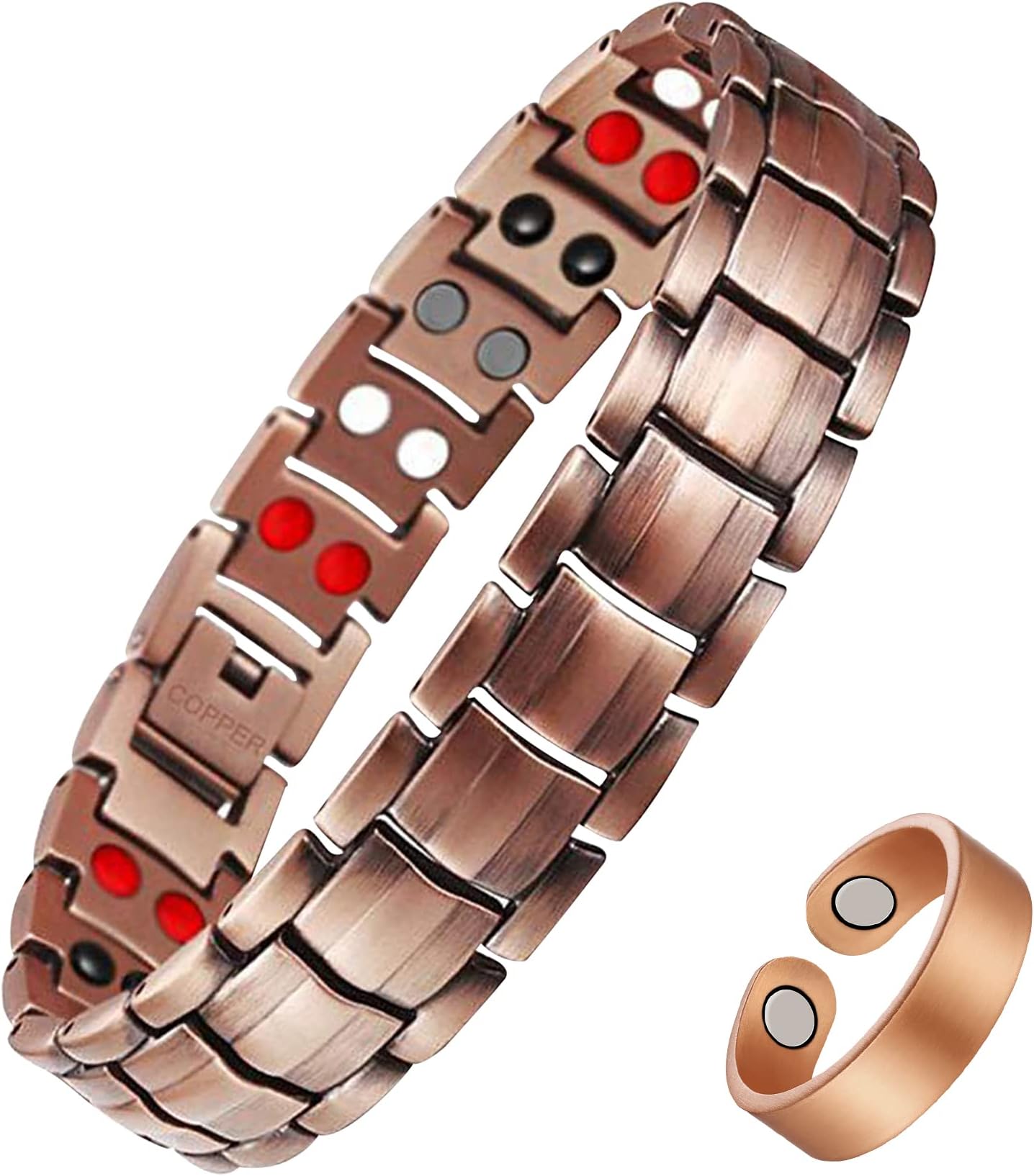 Feraco Copper Bracelet for Men 4 Elements Magnetic Bracelets Pain Relief Elegant 99.99% Solid Copper Jewelry with Magnets (Copper with Ring)