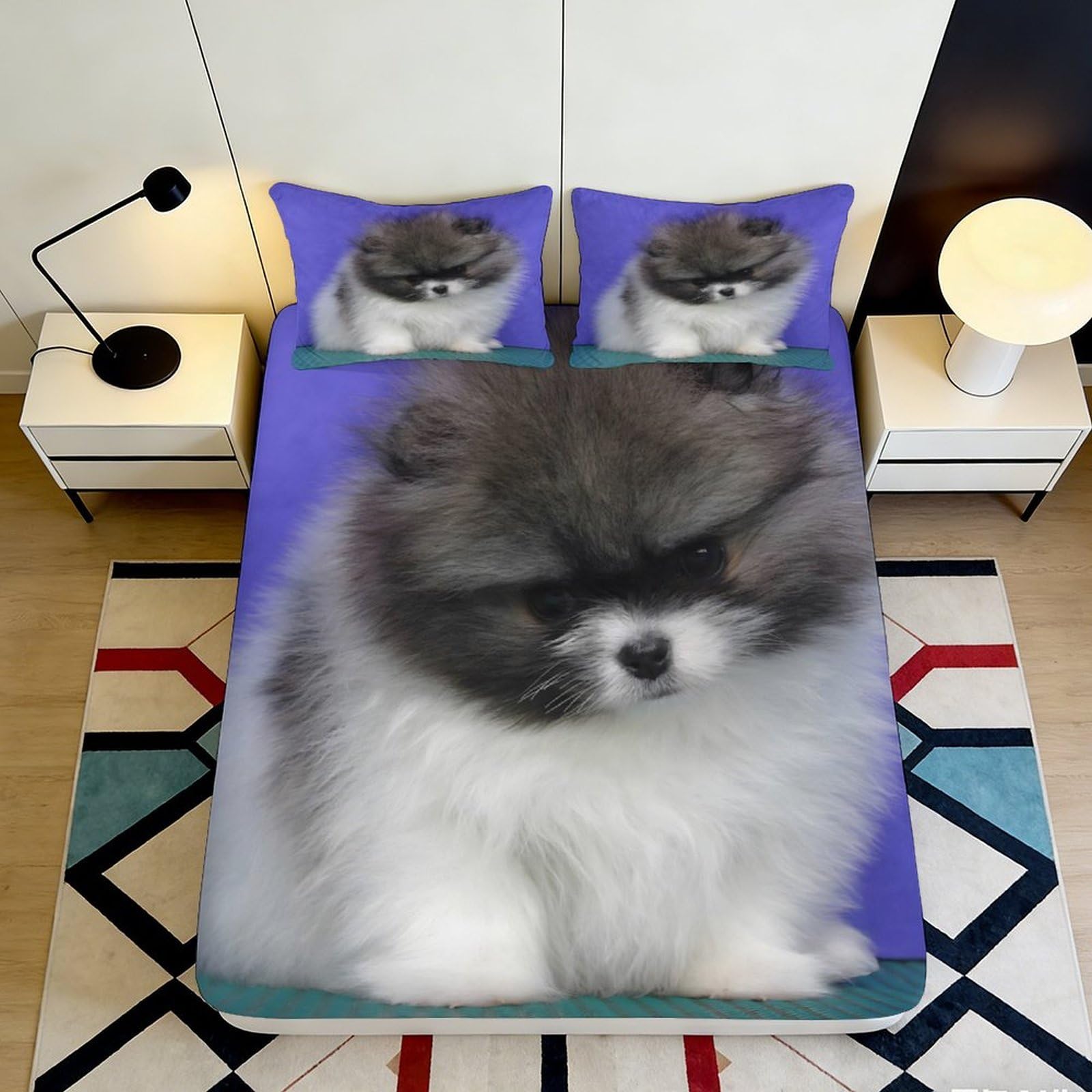 3D Printed Fluffy Pomeranian Dog Fitted Sheet Microfiber Soft Breathable Puppy Mattress Cover for Bedroom Guest Room Decor, Anti-Slip Washable 140x200x25cm