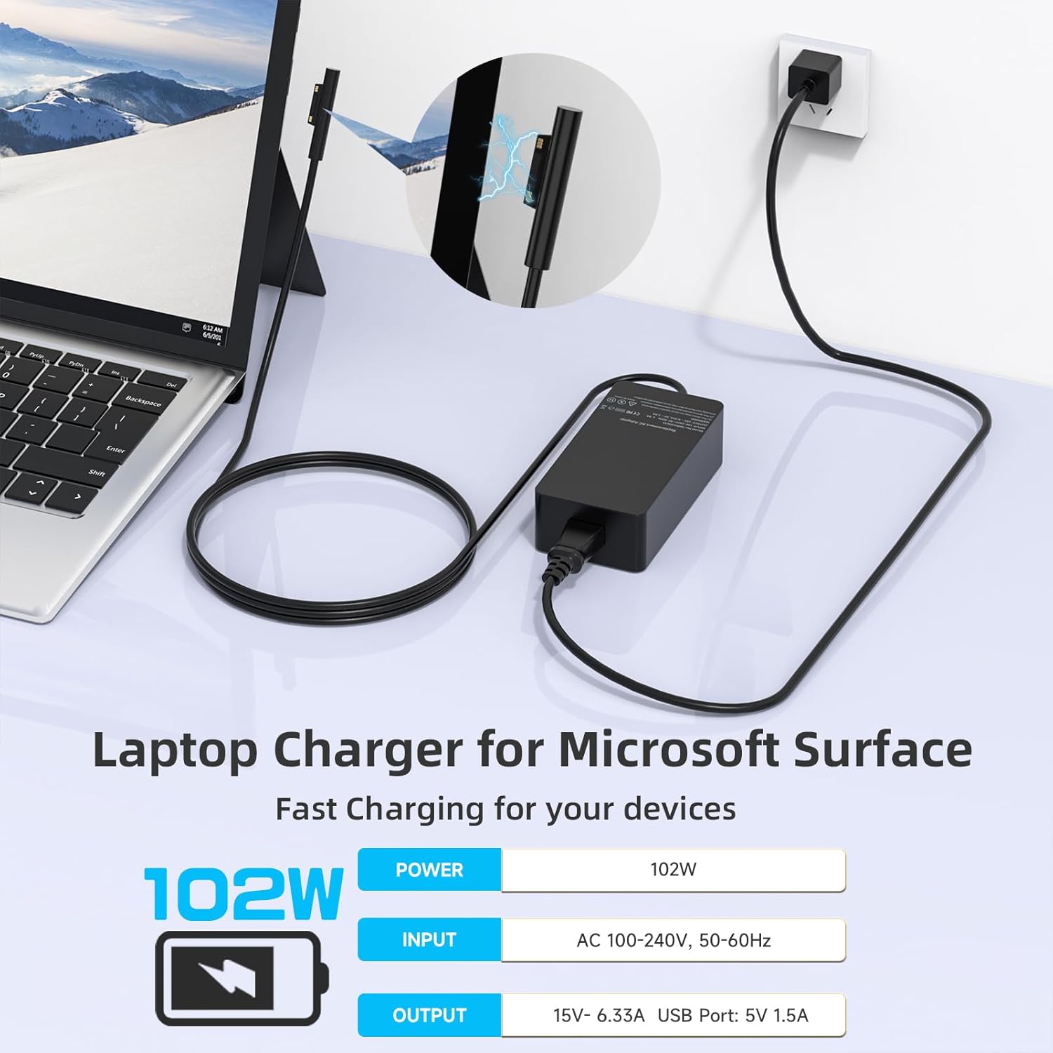 102W 15V 6.33A Surface Laptop Charger for Microsoft Surface Book 2/3, Surface Laptop 2/3/4/5, Surface Pro 5/6 /7/8/9, Surface Go 2/3 Power Supply with USB 5V 1.5A