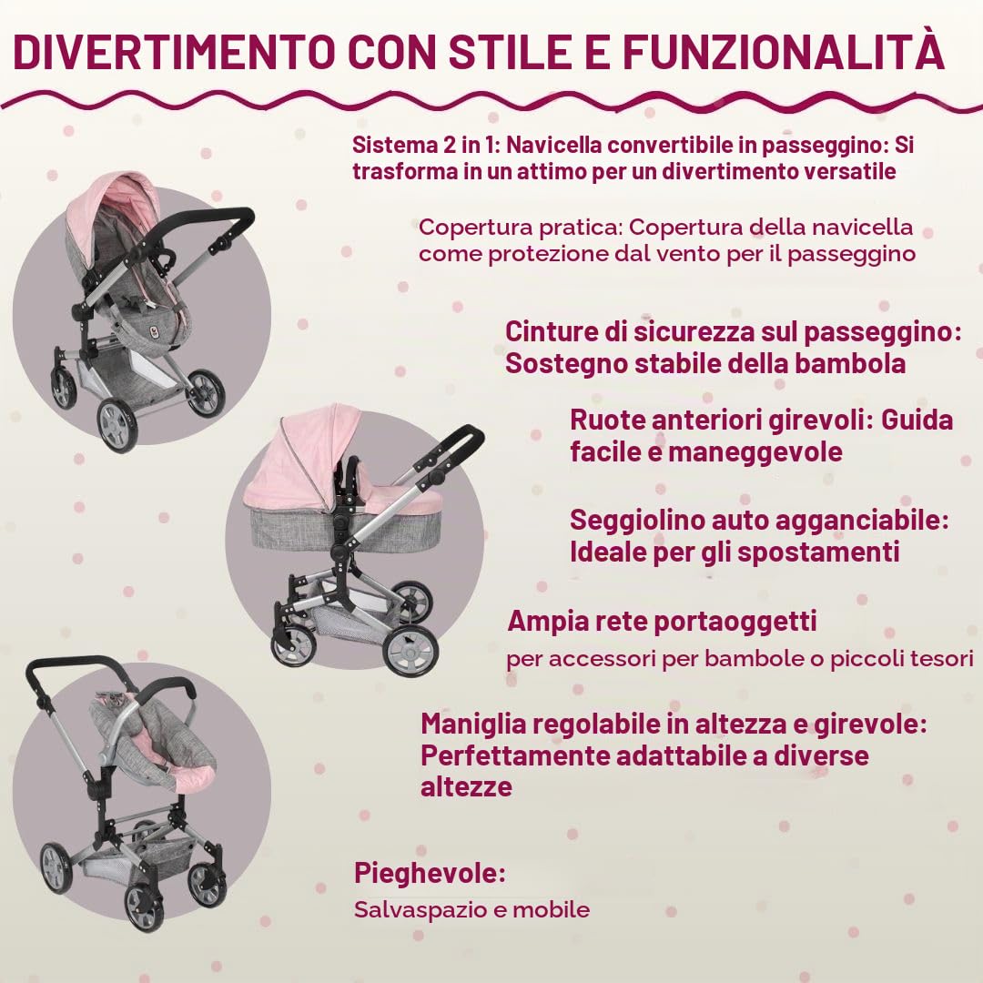 Bayer Chic 2000 - Passeggino per bambole Linus, passeggino combinato 3 in 1 per bambini dai 4 agli 8 anni, set passeggino per bambole, grigio melange, rosa, 72 x 41,5 x 82 cm