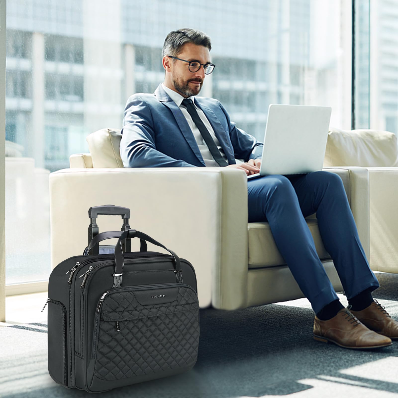 EMPSIGN Trolley Business Rolling Laptop mit Rädern, Rolling Laptoptasche für Frauen passt bis zu 15.6 Zoll Laptop Aktentasche auf Rädern, Wasserabweisende, mit RFID Taschen, schwarz