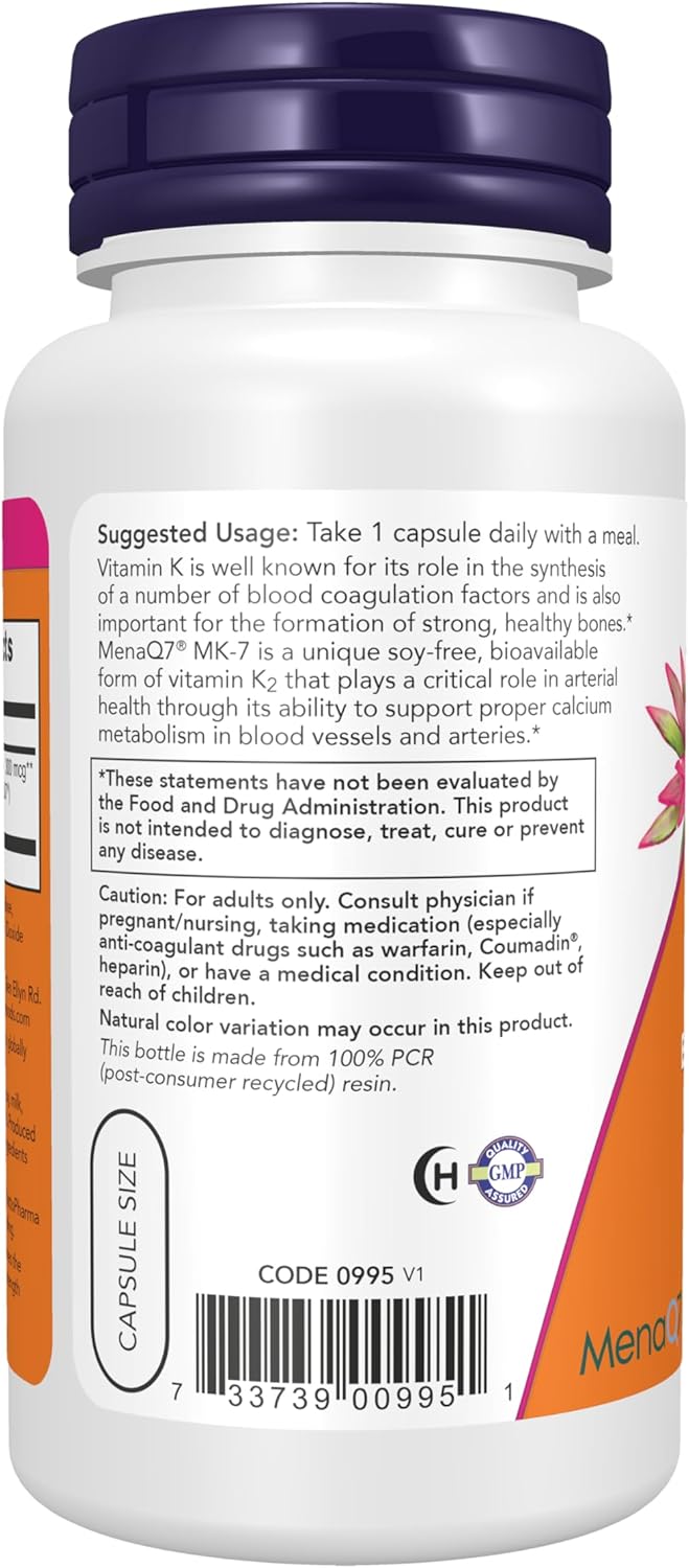 Now Foods Supplements, MK-7 Vitamin K-2 300 mcg, Cardiovascular Support*, Supports Bone Health*, 120 Veg Capsules