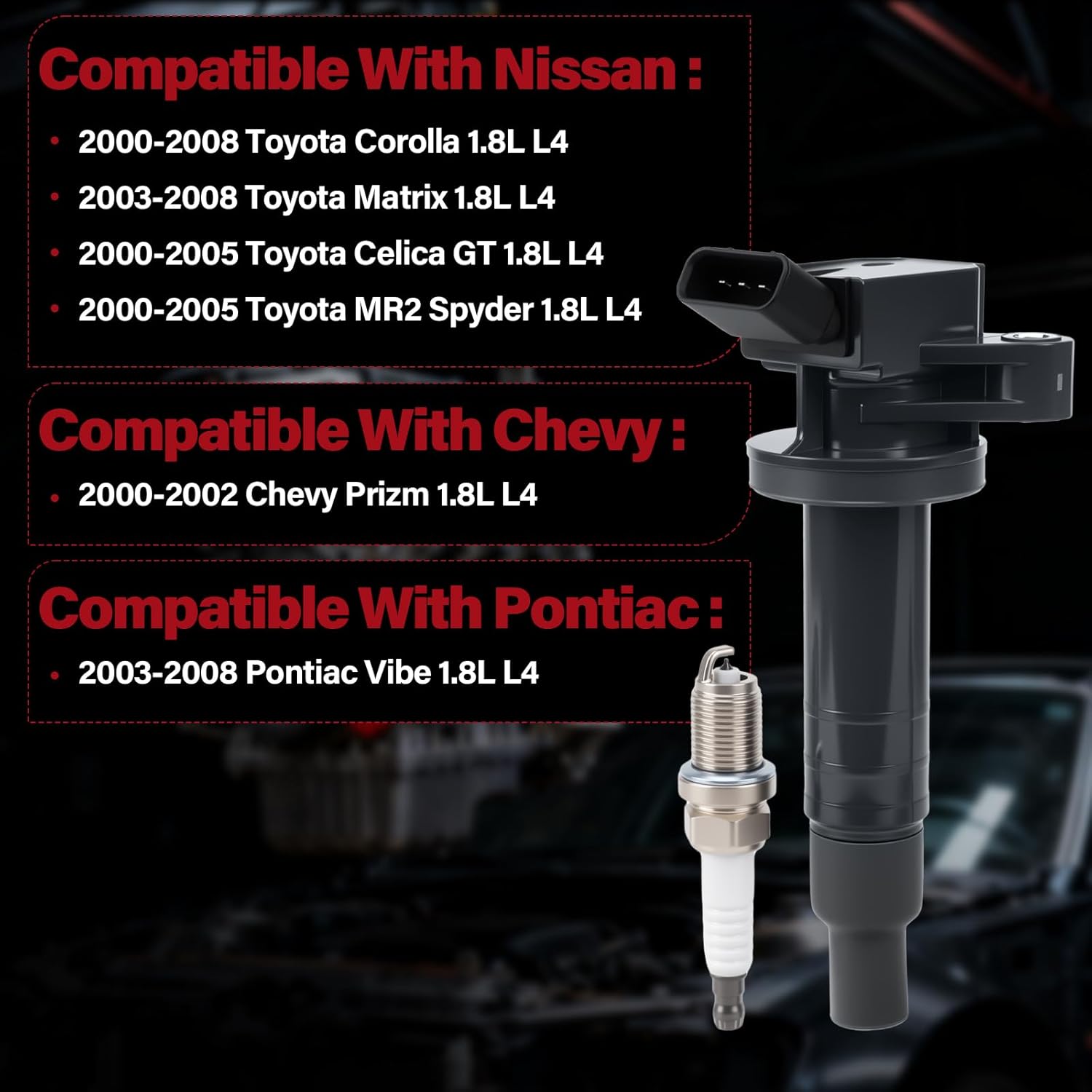 Ignition Coil PackUF247 & Iridium Spark Plug for Toyota Celica 2000-2005,Corolla 1999-2008,Matrix 2003-2008,Mr2 Spyder 2000-2005,For Chevy Prizm 1999-2002,For Pontiac Vibe 2003-2008 1.8L L4