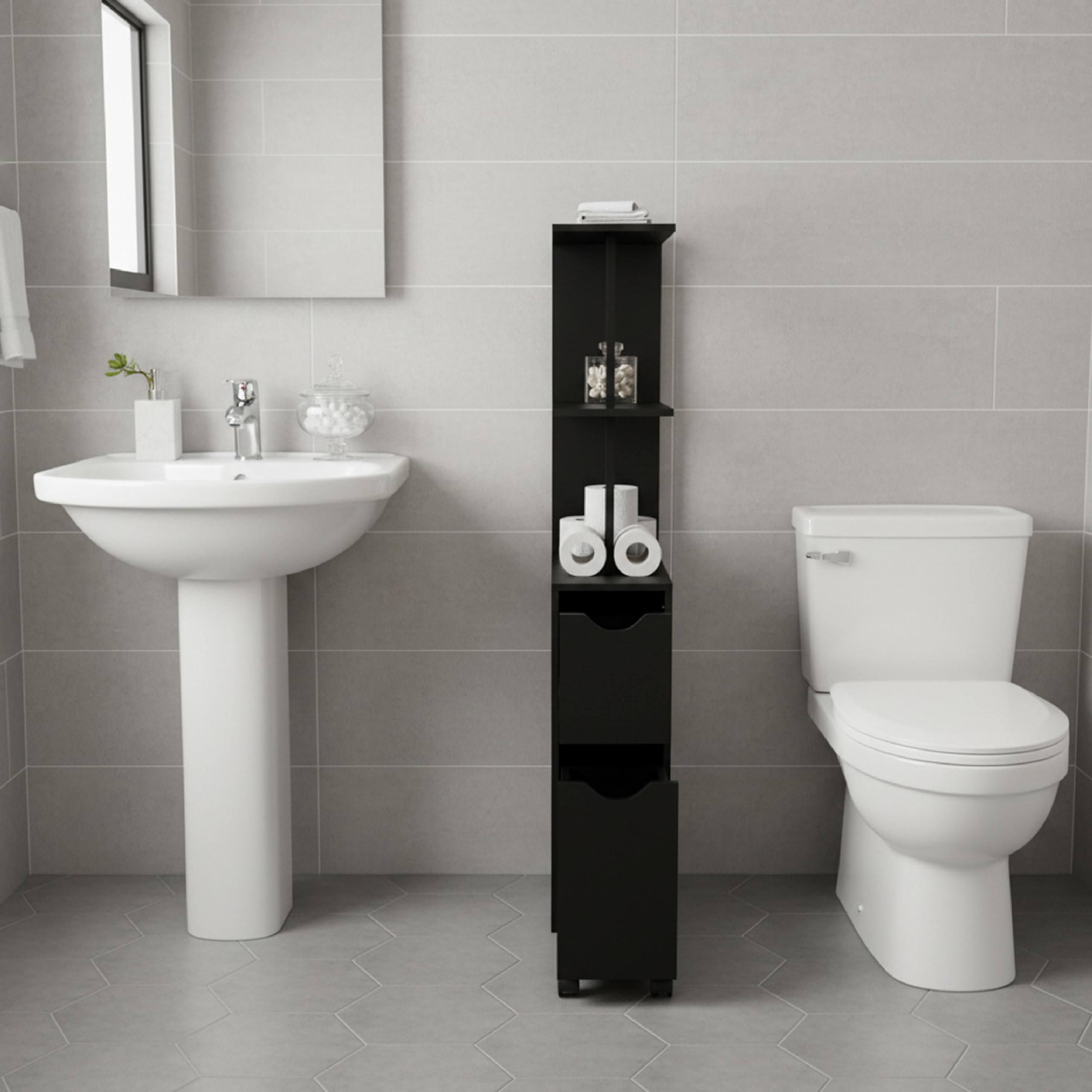 Baroni Home Columna de baño que ahorra espacio, mueble alto con estantes abiertos y cajones, multiusos, columna moderna para baño, cocina y dormitorio, 30 x 30 x 180 cm, 3 estantes y 2 cajones, color
