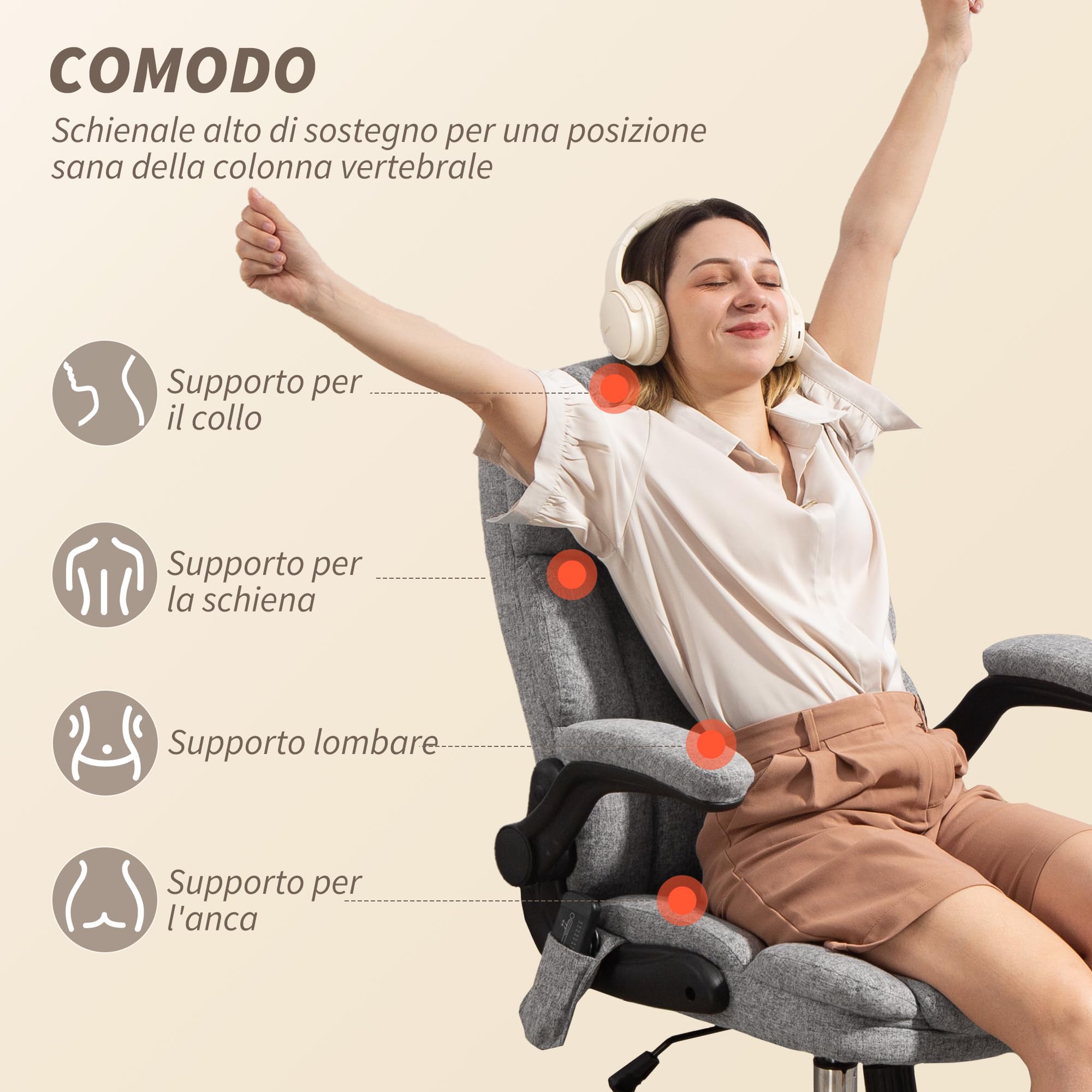 HOMCOM Sedia da Ufficio Massaggiante 4 Punti Vibrante Riscaldata Grigio | Funzione Dondolo, Poltrona Ufficio, Sedia Scrivania, Tessuto Effetto Lino, Braccioli Ribaltabili, Altezza Regolabile