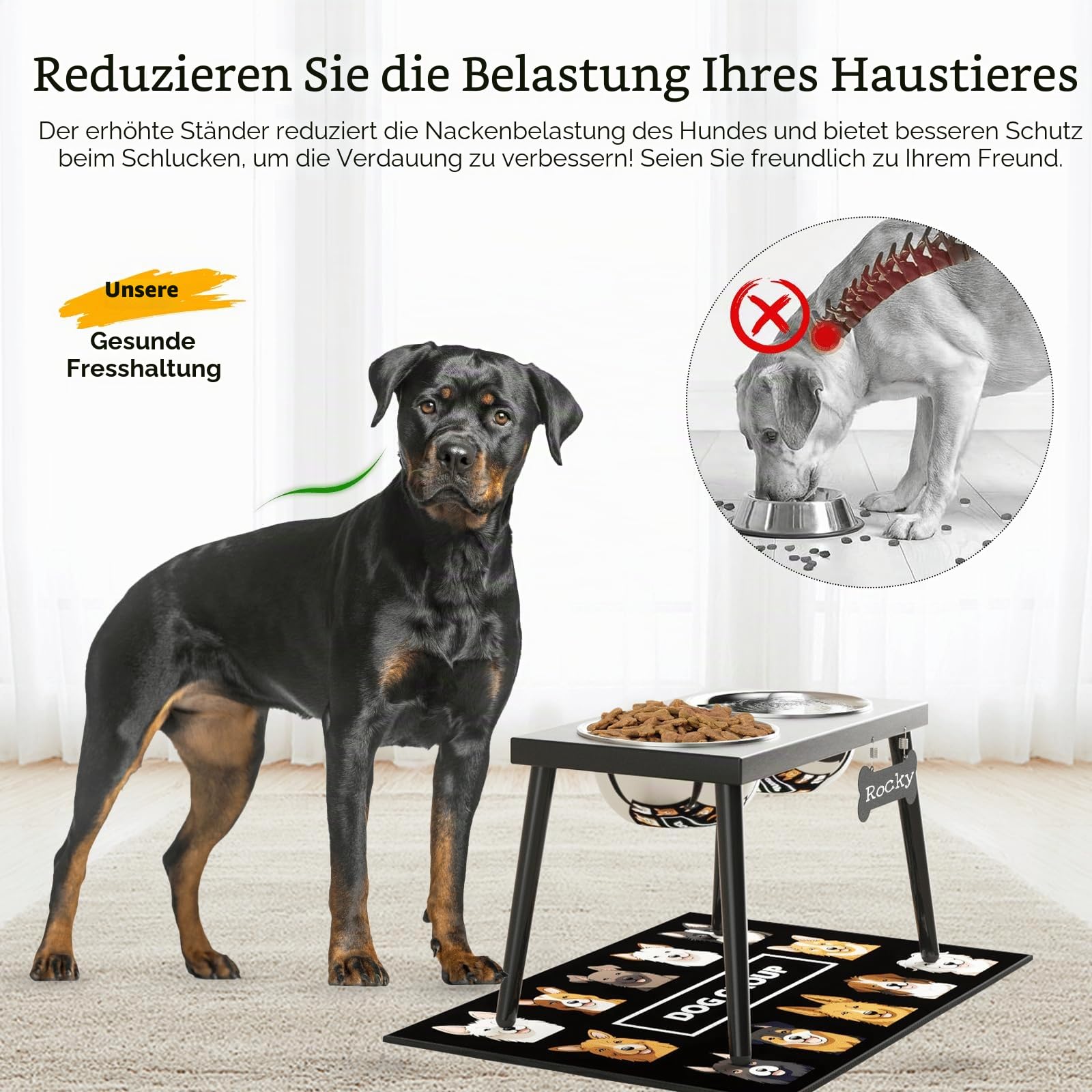 ADENGL Erhöhter Futternapf aus Metall für große und mittelgroße Hunde, stärkere, spritzsichere Matte, 25,4 cm hoch, 1,6 x 61 cm