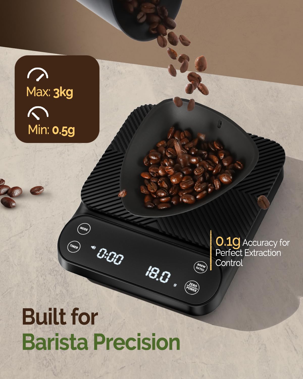 Báscula de café S3 con temporizador, báscula digital recargable de 6.6 lbs/0.00 oz, 3 modos de preparación, relaciones ajustables y pantalla de caudal, grado barista para vertido 3