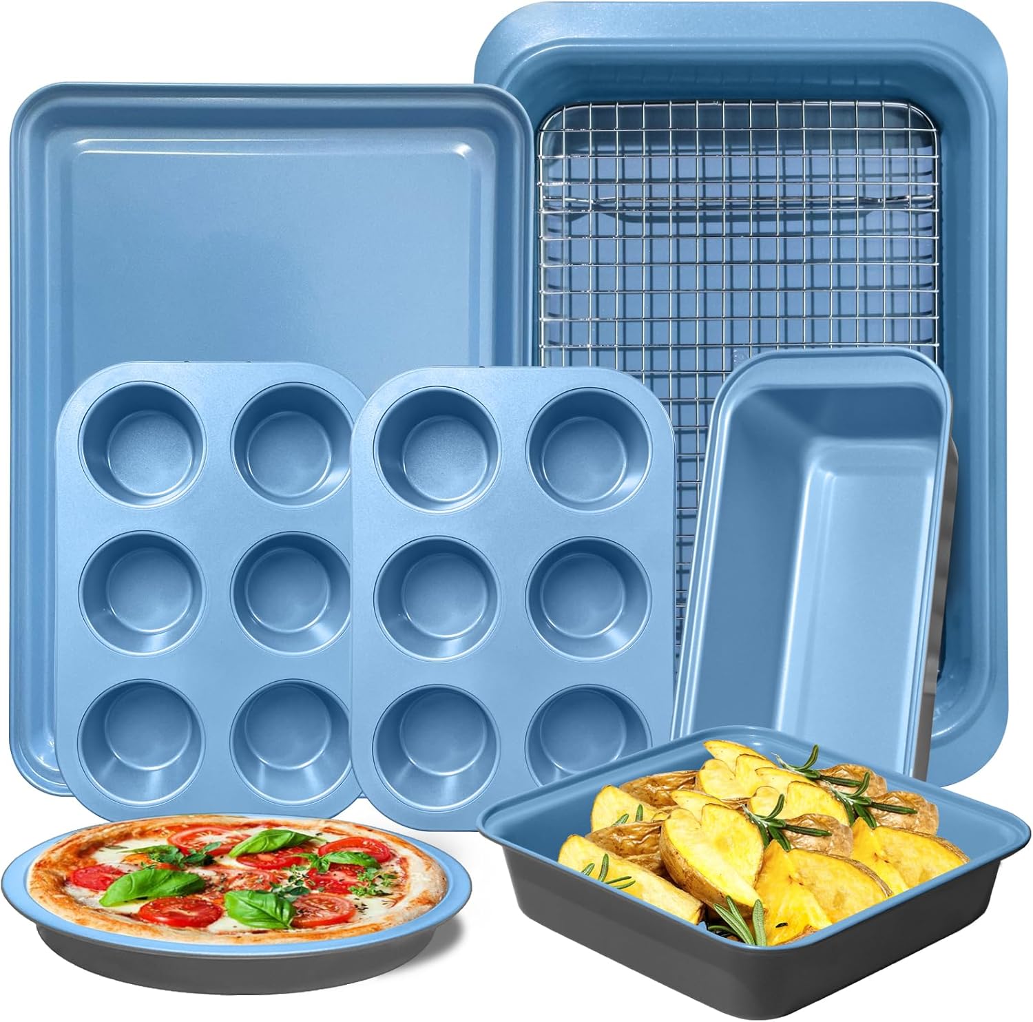 Juego de moldes para hornear con revestimiento antiadherente, sartenes bicolor profesionales ultragruesas de 8 piezas, incluyendo bandeja para