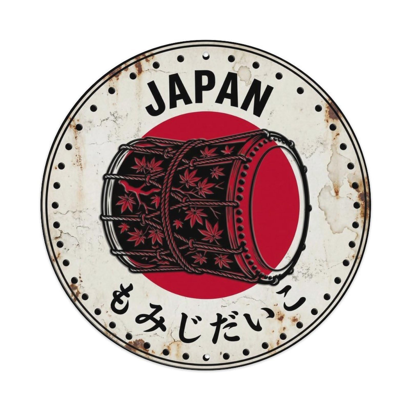 Maple Leaf Drum Japan Autumn Colors Rustic Metal Tin Sign