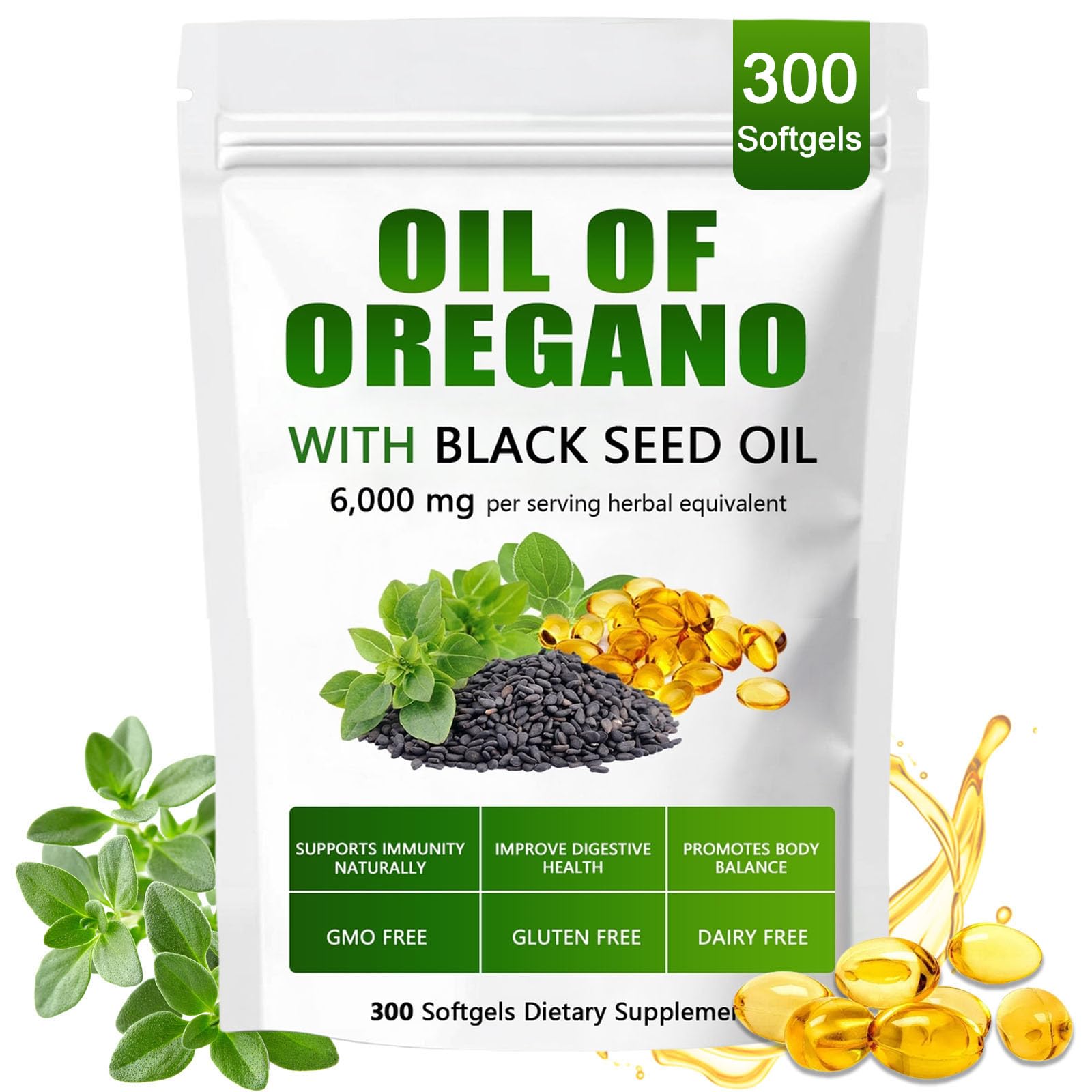 Oil of Oregano with Black Seed Oil, Support Daily Immune | Improving Gut & Digestion Health, Boosts Energy & Clarity | Smoothing Skin, Non-GMO, Gluten Free - 300 Softgels
