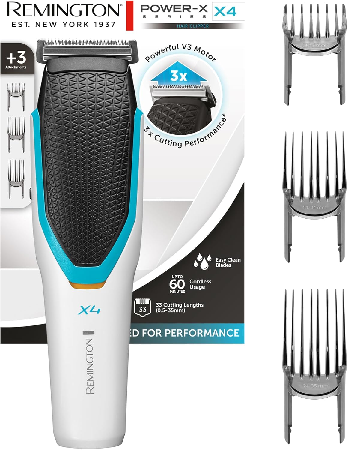 Remington Tondeuse Power X Series X4 (33 Lengte-Instellingen, Zelfslijpende Bladen Van Japans Staal, Afwasbaar Snijblad, Anti-Slip Grip, Snoer / Snoerloos Gebruik, 60 Min. Snoerloos Gebruik) HC4000