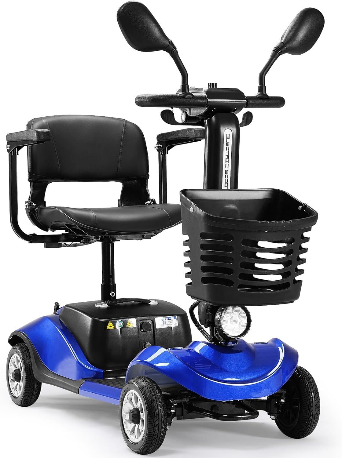 Compact 4 Wheel Mobility Scooter with Display, Foldable Electric Scooter for Seniors and Adults, Heavy Duty Travel Model with Lights, Basket, Rearview Mirror, and Long-Lasting Extended Battery