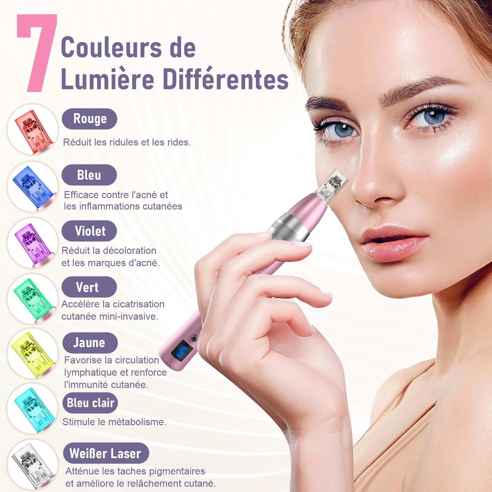 Robofun Stylo Beauté Microneedling avec 7 Lumières, Électrique Microneedling avec 12 Cartouches & 5 Vitesses pour Soin Visage & Corps, Conception Sans Fil et Rechargeable