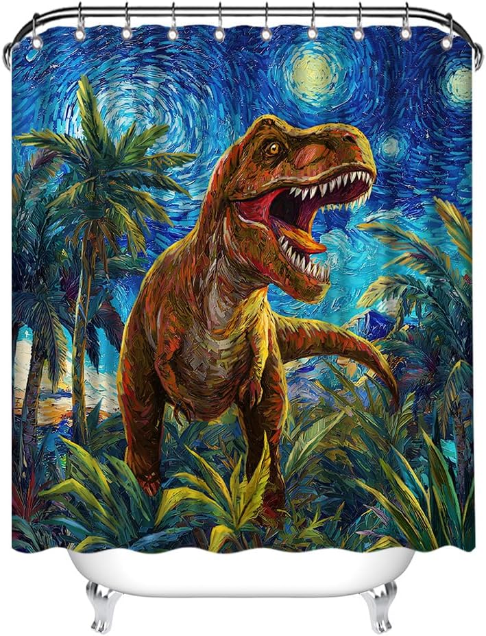 Dinosaur Shower Curtain with 12 Hooks 72x72 Inches T-Rex Starry Night Decor
