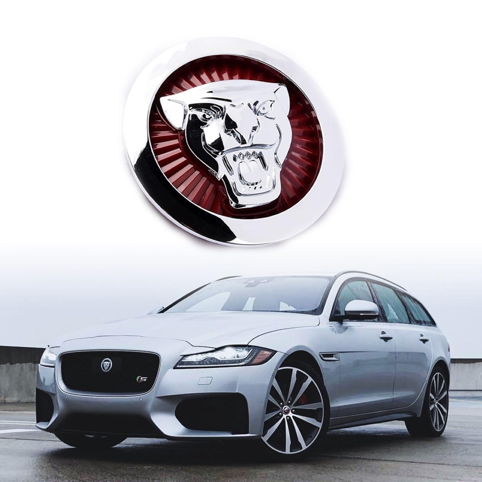 Aulpee Compatible with XE XF XJ F-Type F-PACE Front Center Grille Badge 3.38inch Car Accessories(Front Red-Chrome)
