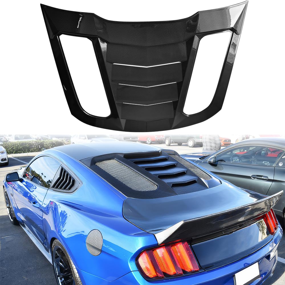 MODILOVER Rear Window Louver, Compatible with 2015-2024 Ford Mustang Coupe(Not Fit Convertible), ABS Plastic Black Carbon Fiber Print IKON V2 Style Back Window Windshield Sun Shade Cover Vent