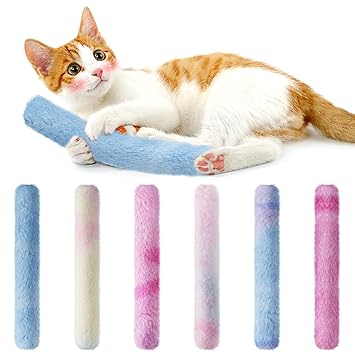 MEWTOGO 6Pcs Cat Kicker Toys- 3 Colors Kitty Kick Sticks with Sound Paper- Soft Plush Cat Chew Toy to Squeak- Durable Cat Kick Toy Catnip Toy for Indoor Kitten Cats Playing Chewing(11.8