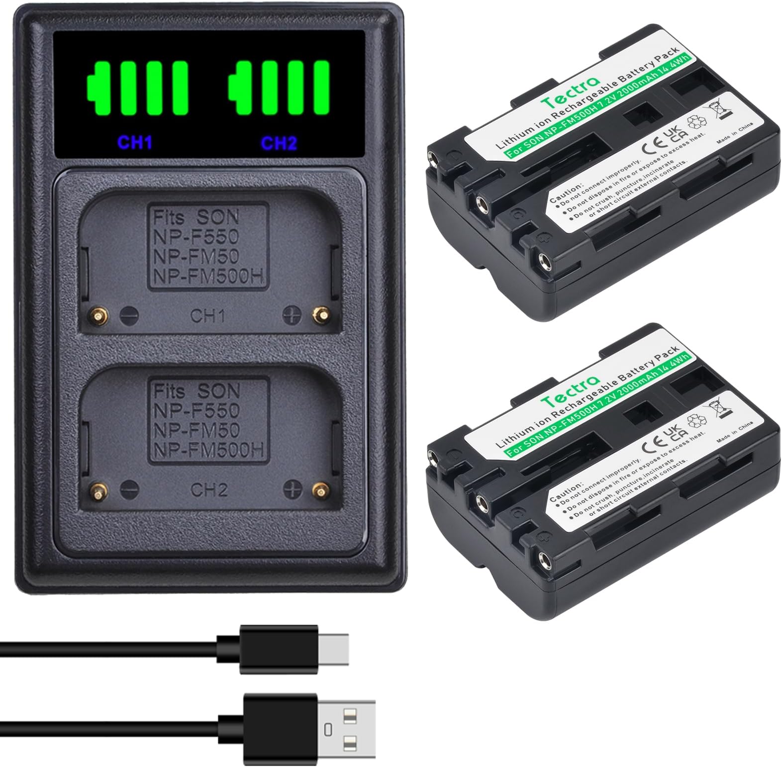 Tectra 2 Pack NP-FM500H NPFM500H Battery and LED Dual Charger for Sony Alpha SLT A58 A57 A65 A77 A99 A77V A77II A350 A450 A500 A550 A700 A850 A900 Alpha a99 II CLM-V55 DSLR Camera