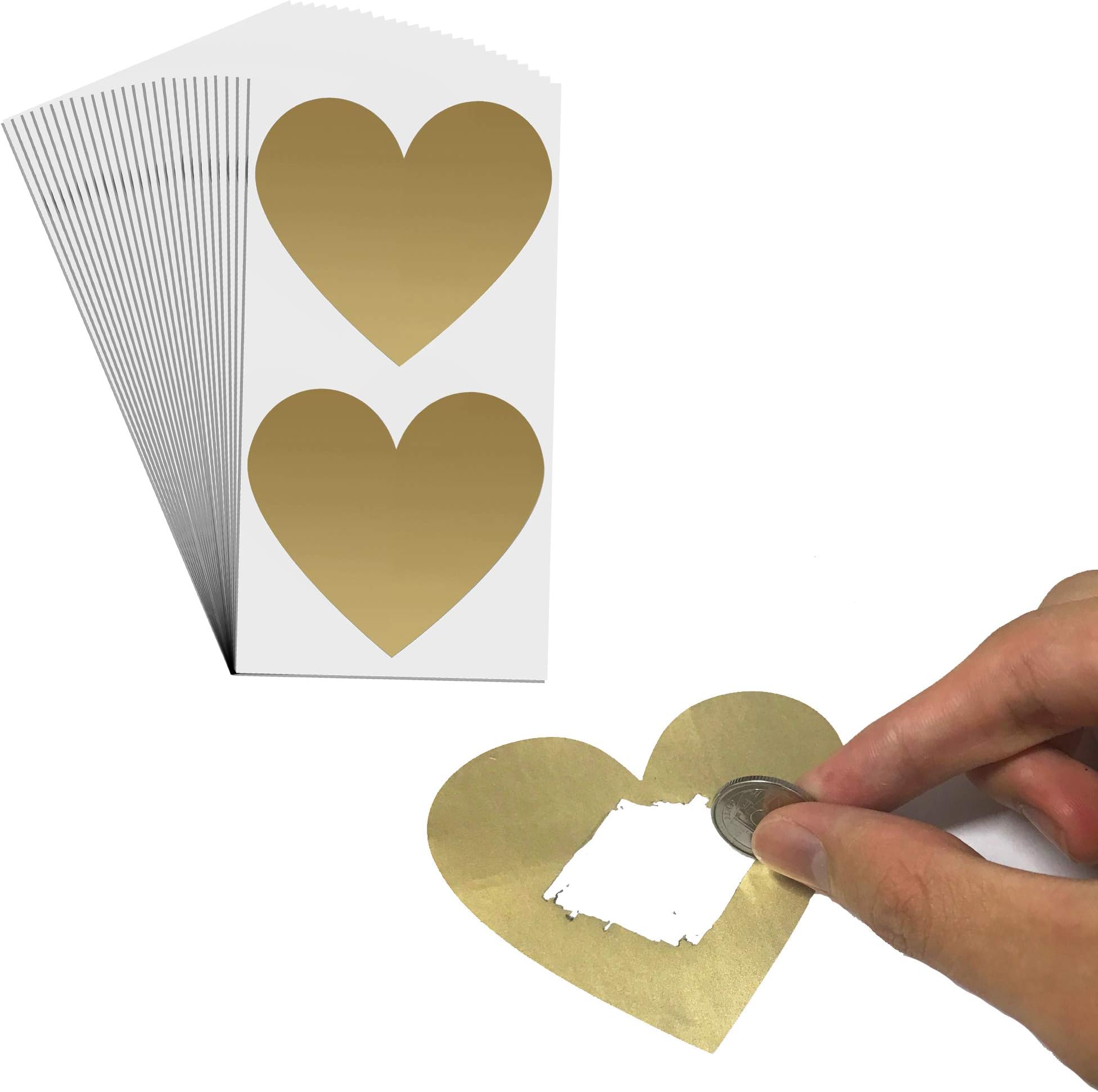 50 Pack, 3" Heart Scratch Off Stickers Labels - Gold