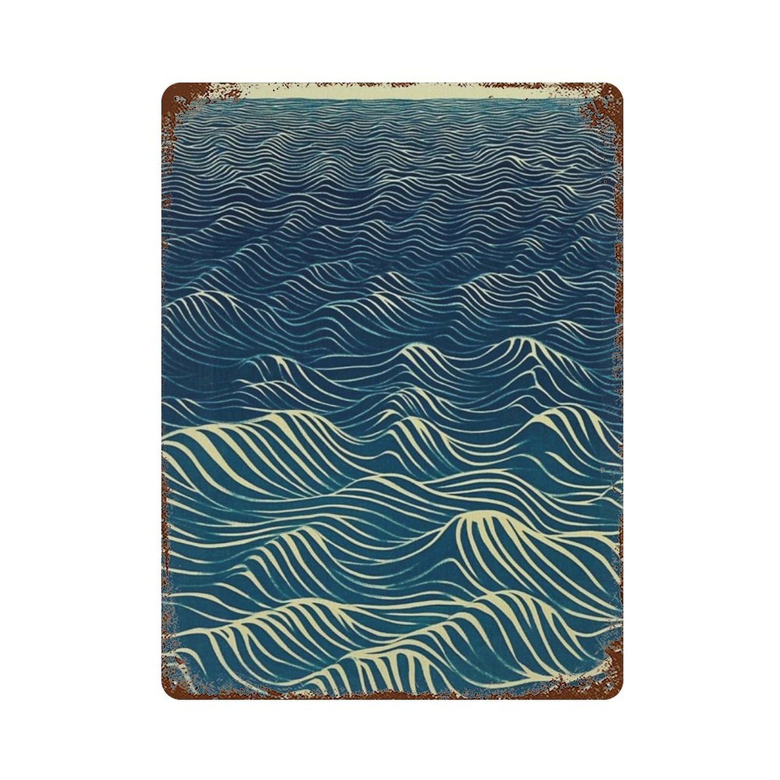 xiaoxiaoshen Abstract Ocean Blue Wave Minimal Sea Modern Coastal Wall Decor Art Metal Tin Poster Modern Home Decor Art Home Bar Shop Decorations Vintage Sign 40x30cm
