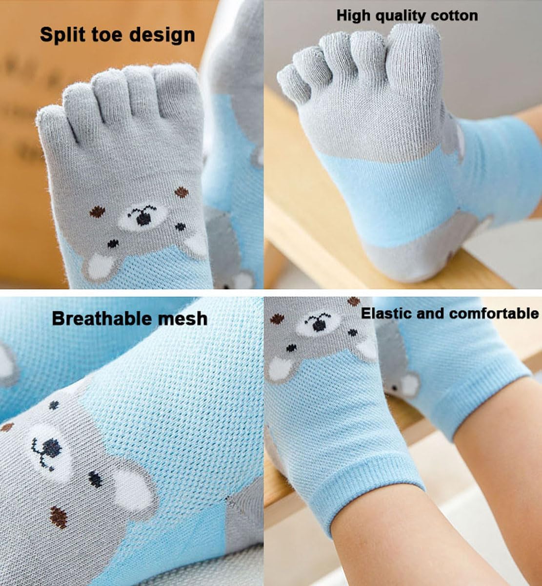 Pursuestar 2 Pairs Five Finger Toe Socks Running Breathable Mesh Seperated Bear Socks for Kids Girls Boys 3-12 Years