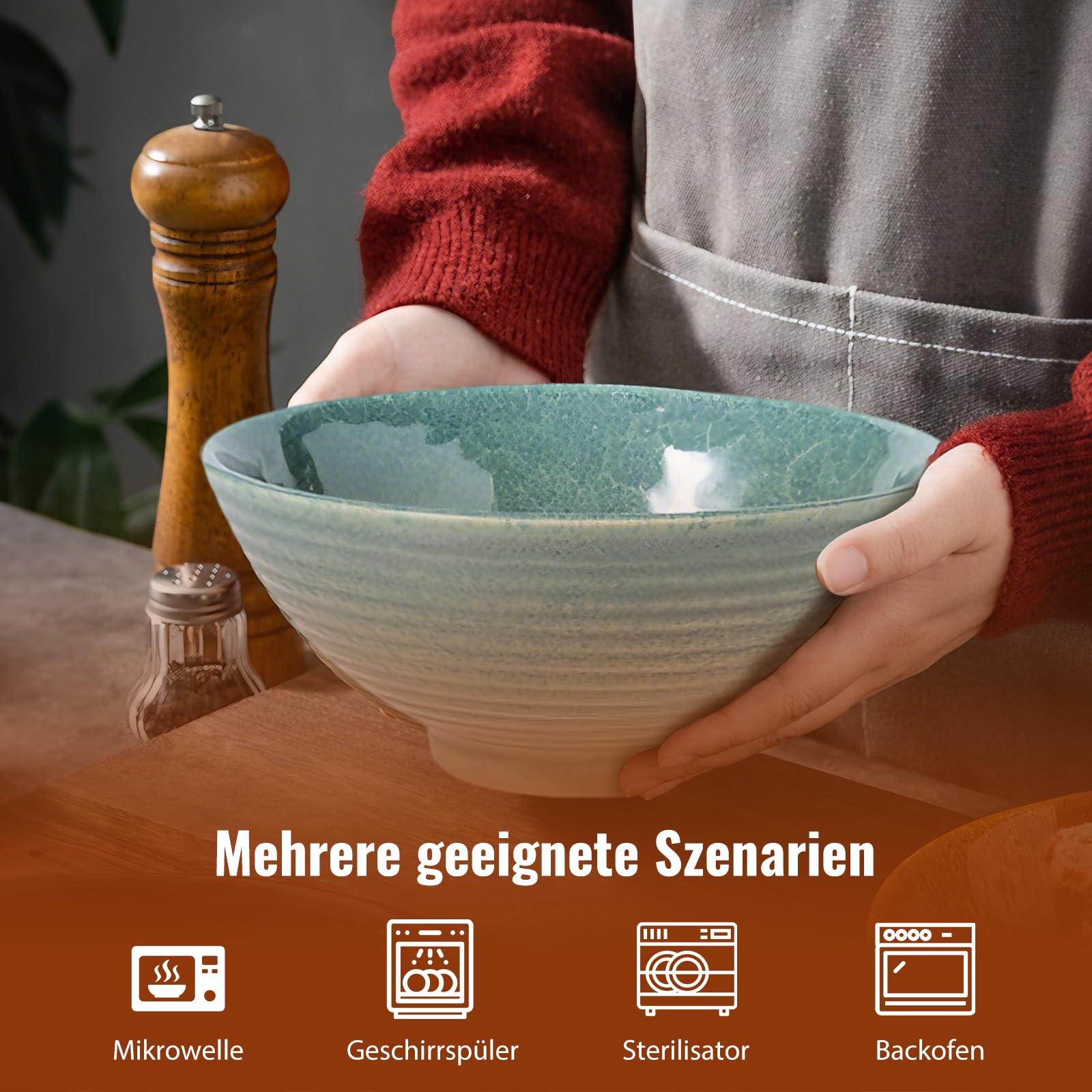 Ramen Schüssel Set 1200 ml Suppenschüssel aus Keramik Bowl Schüssel mit Essstäbchen Löffel und Gabeln Ramen Bowl 20 cm Ramen Schale für Pho-Suppe Spaghetti Salat Müsli (Eisriss Grün)