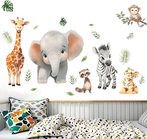 Calcomanías de pared de animales de bebé del bosque, elefante, león, jirafa, mono, para guardería, habitación de niños, guardería, sala de juegos,