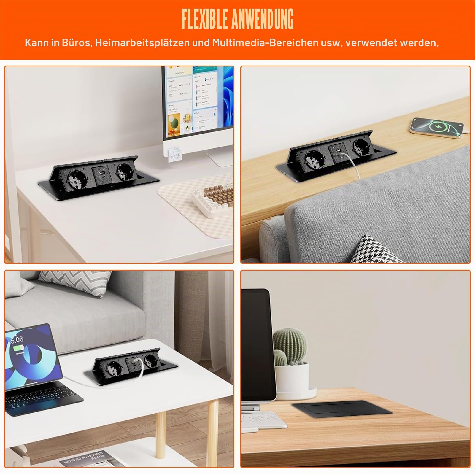 Buyweek Steckdosenleiste Versenkbar mit USB und Type-C Anschlüssen 18W Schnellladung Versenkbare Steckdose Schwarz Einbausteckdose Tischsteckdose mit 1,8m Netzkabel für Werkbank, Küche, Büro