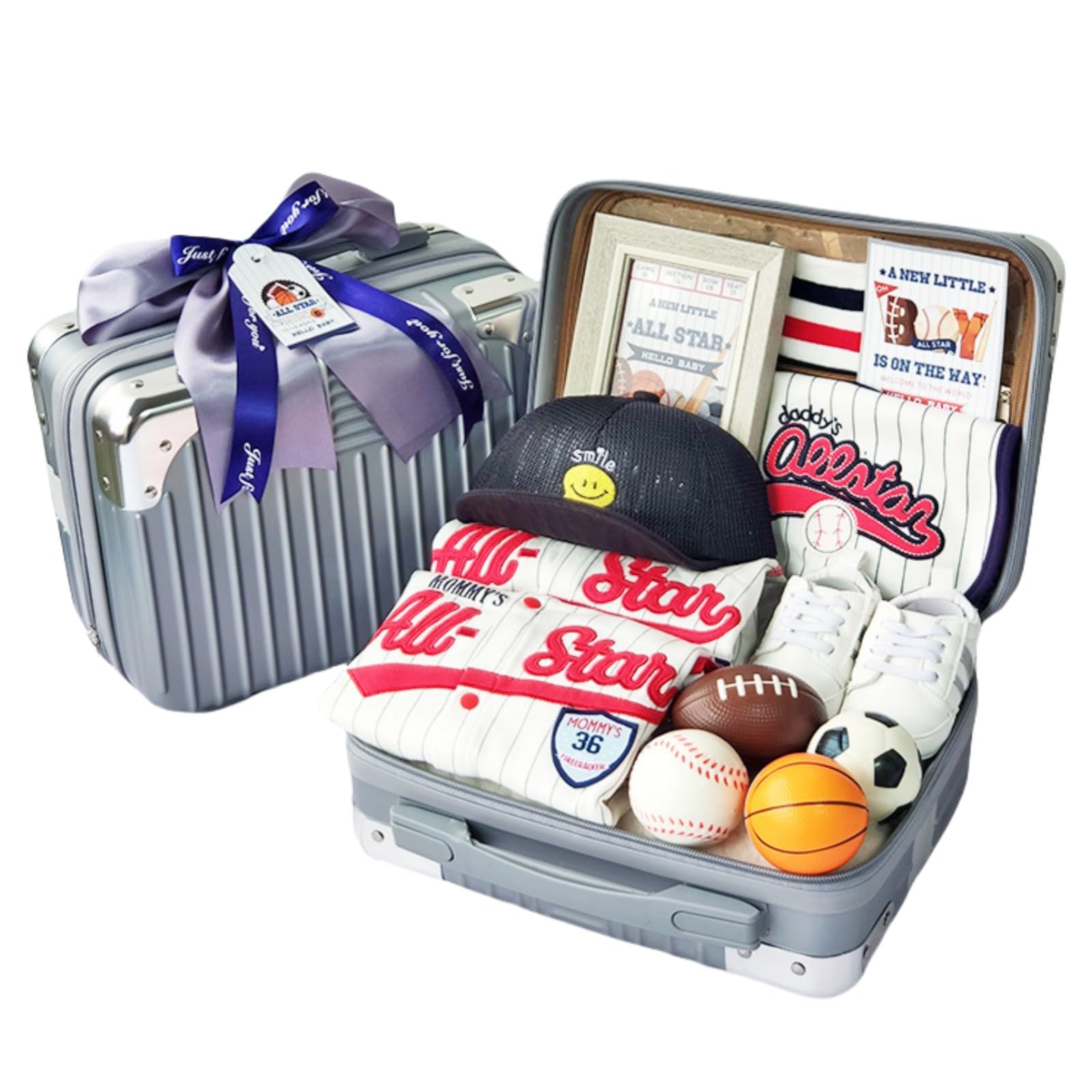 Deluxe Blue Sports Newborn Shower Gifts Hamper Basket with Baby Clothes, Blanket, Sponge Balls, Photo Frame in Gift Box/Perfect Present for Baby Shower, Newborn Welcome, Birthday Party